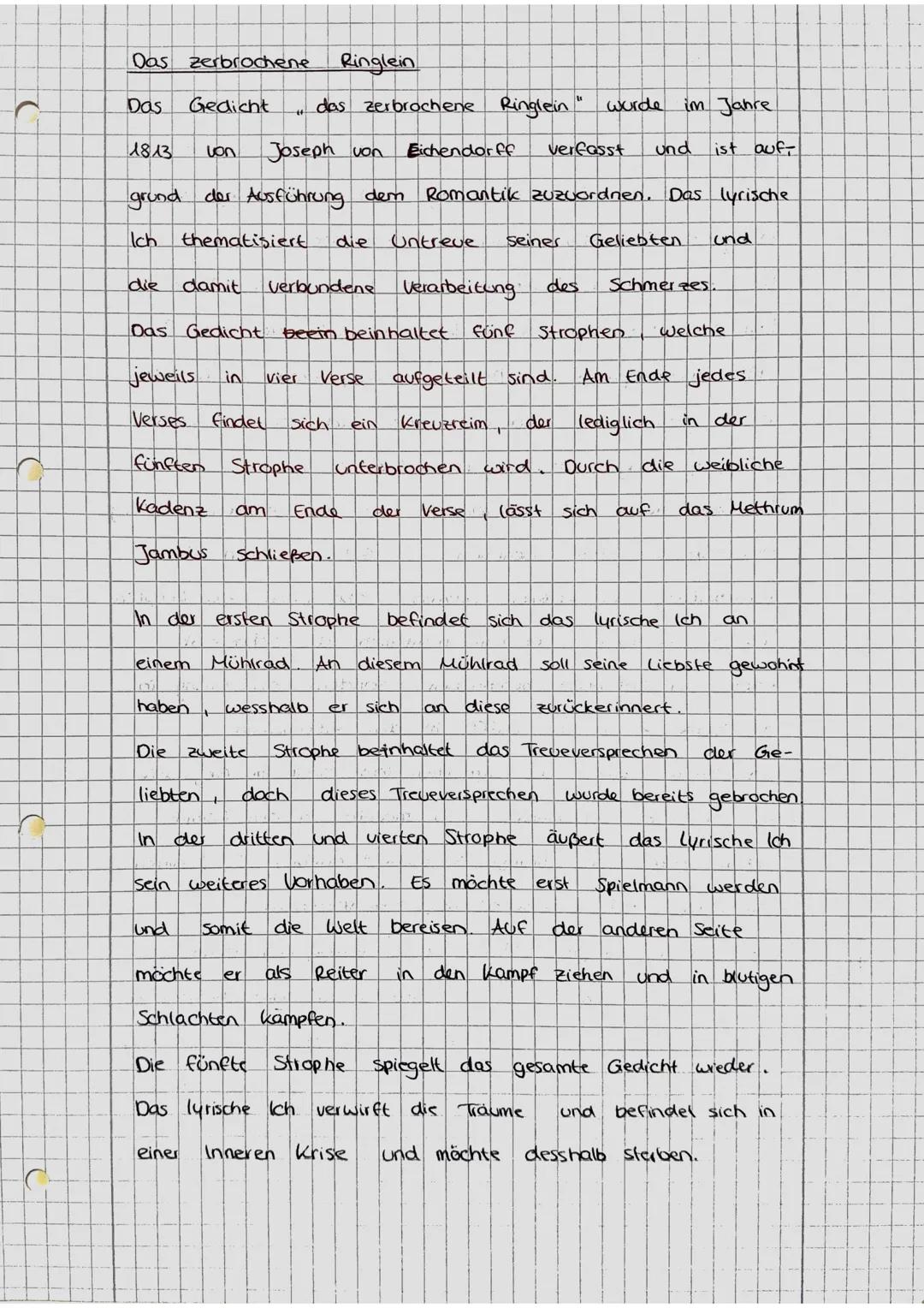 Das zerbrochene
Ringlein
Das Gedicht "das zerbrochene Ringlein" wurde im Jahre
1813 von Joseph von Eichendorff verfasst und ist auf-
grund