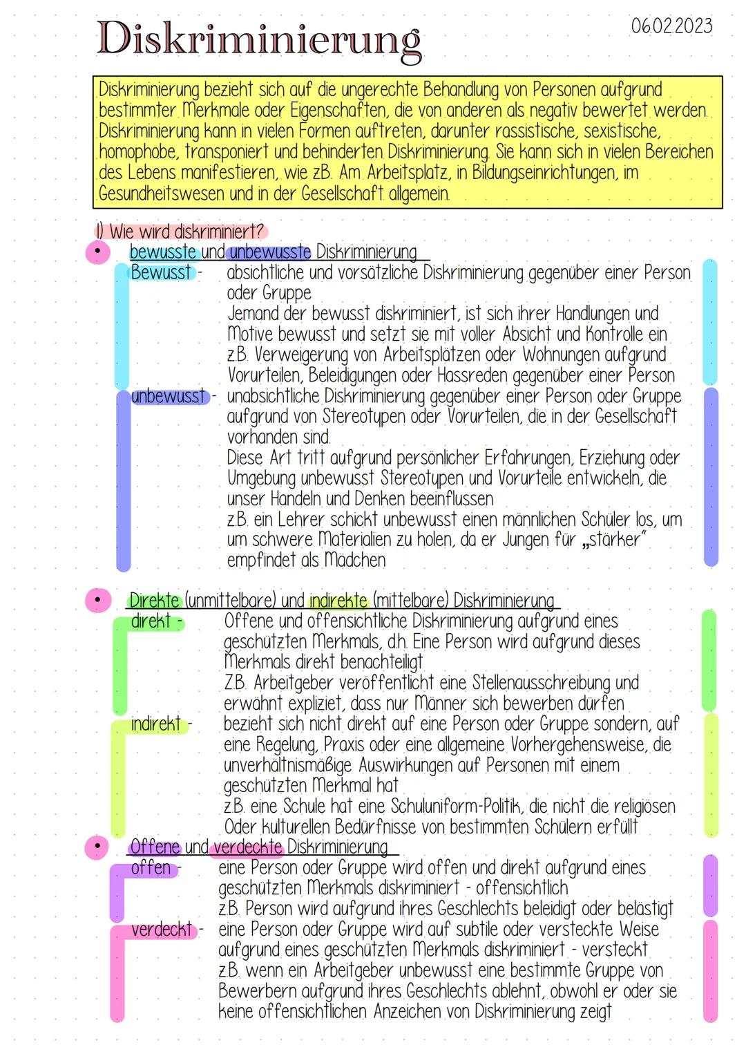 # Diskriminierung
06.02.2023
Diskriminierung bezieht sich auf die ungerechte Behandlung von Personen aufgrund
bestimmter Merkmale oder Eige