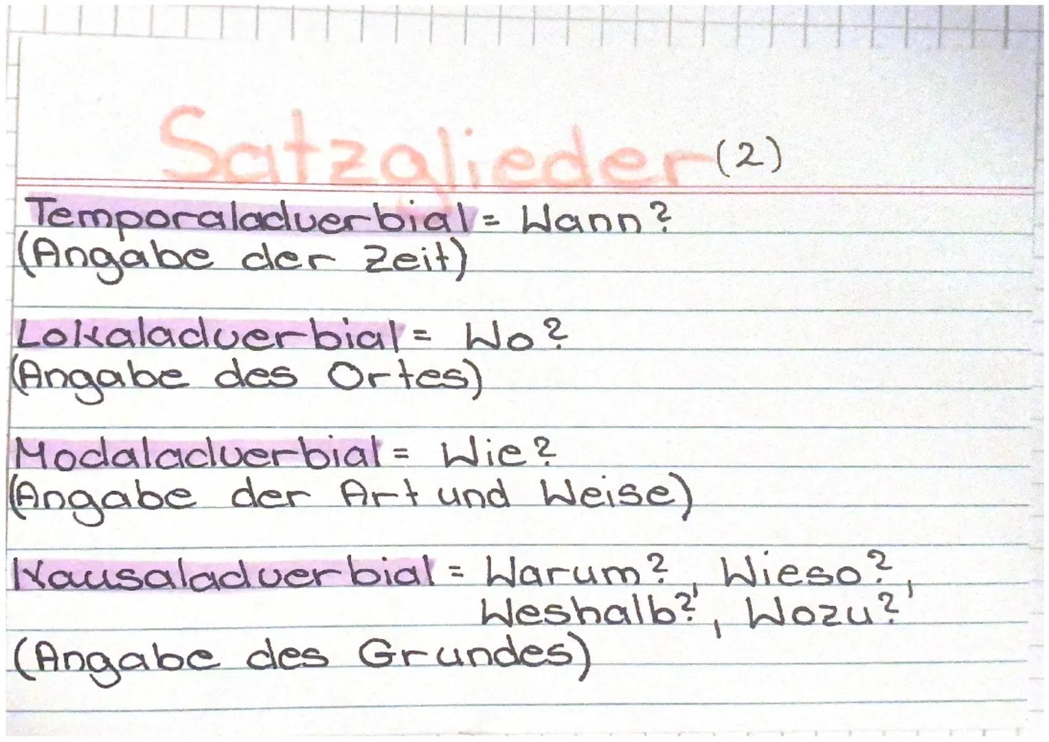 Satzalieder (2)
Temporaladuerbial = Wann?
(Angabe der Zeit)
Lokaladuerbial = Wo?
(Angabe des Ortes)
Modaladuerbial = Wie?
(Angabe der Art