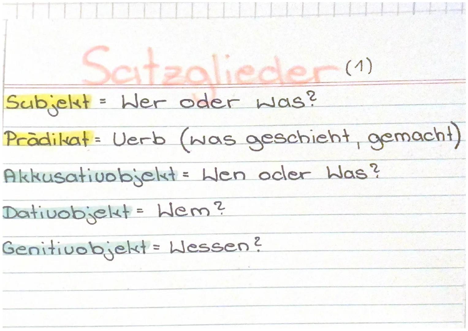 Satzalieder (2)
Temporaladuerbial = Wann?
(Angabe der Zeit)
Lokaladuerbial = Wo?
(Angabe des Ortes)
Modaladuerbial = Wie?
(Angabe der Art
