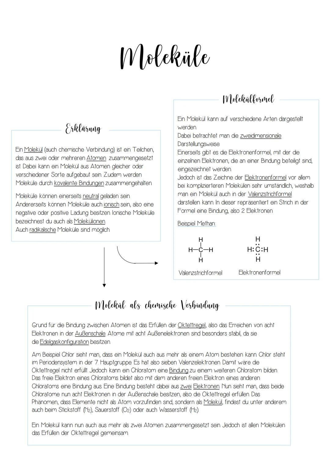 Moleküle
Erklärung
Ein Molekül (auch chemische Verbindung) ist ein Teilchen,
das aus zwei oder mehreren Atomen zusammengesetzt
ist. Dabei ka