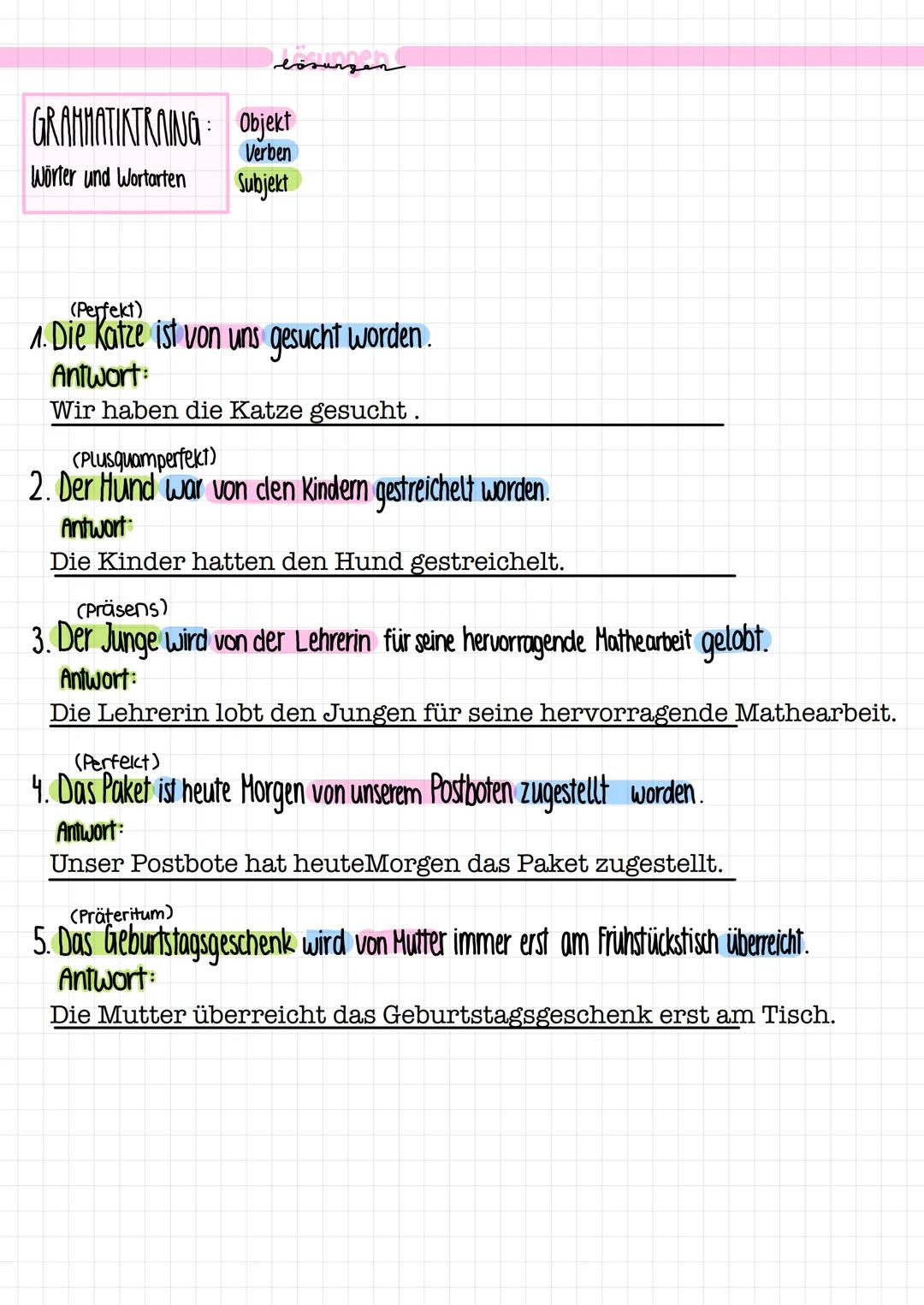 GRAMMATIKTRAING: Objekt
Verben
Wörter und Wortarten
Subjekt
cate übungen zu
iv
Aufgabe 1: Wandle die folgenden Passivsätze in Aktivsätze um.