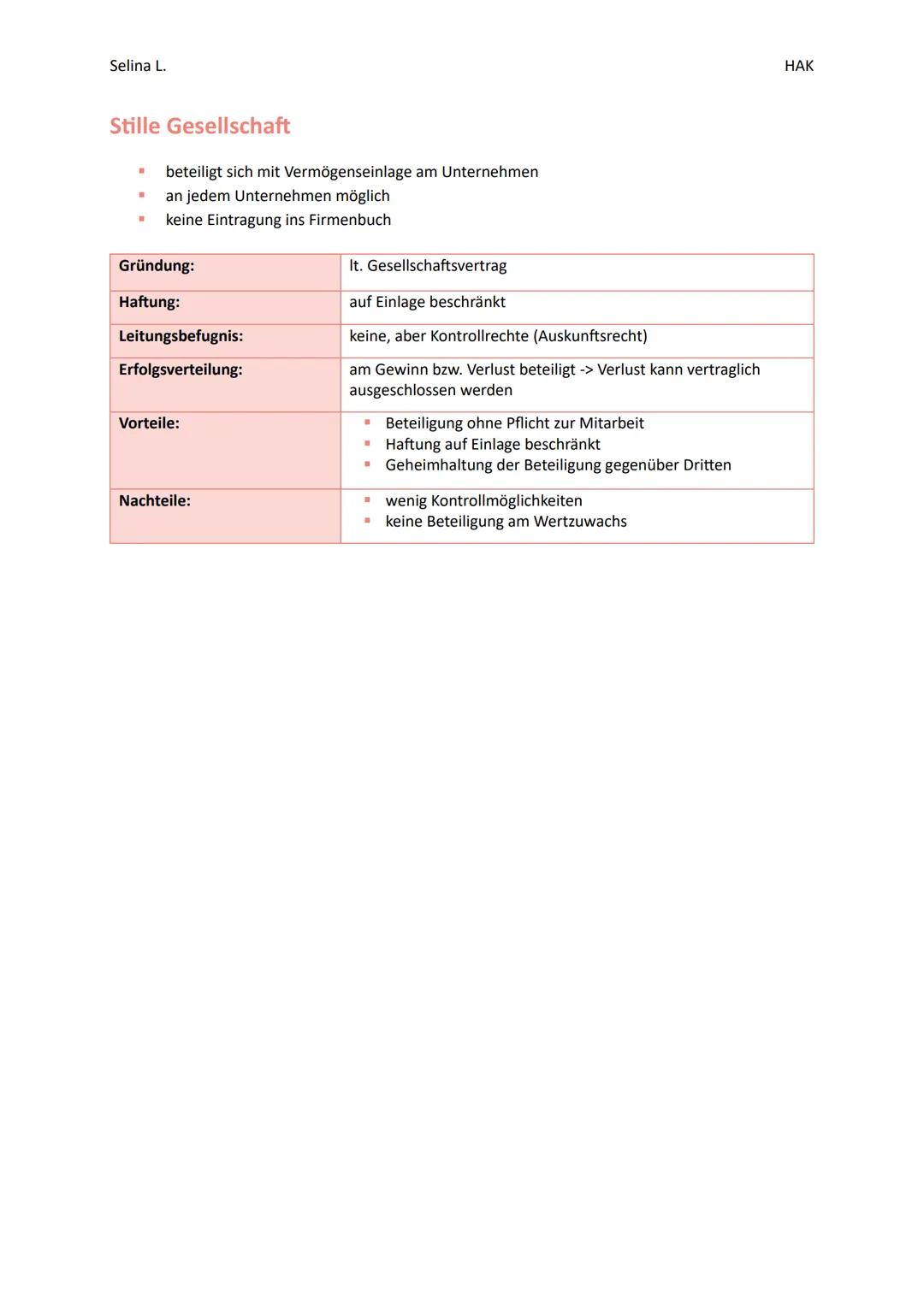 Selina L.
Einzelunternehmen
Kapitalaufbringung:
Haftung:
Organe:
Leitungsbefugnis:
Vorteile:
Nachteile:
(e.U.)
rasche, einfache Gründung
Eig