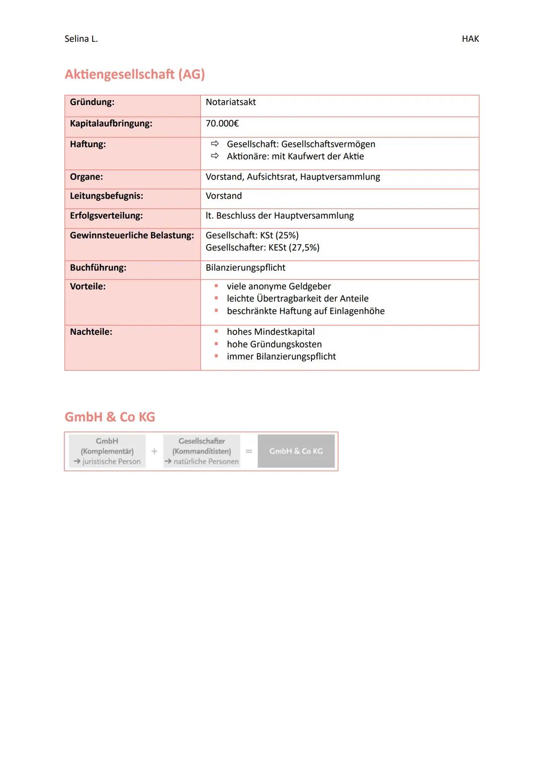 Selina L.
Einzelunternehmen
Kapitalaufbringung:
Haftung:
Organe:
Leitungsbefugnis:
Vorteile:
Nachteile:
(e.U.)
rasche, einfache Gründung
Eig