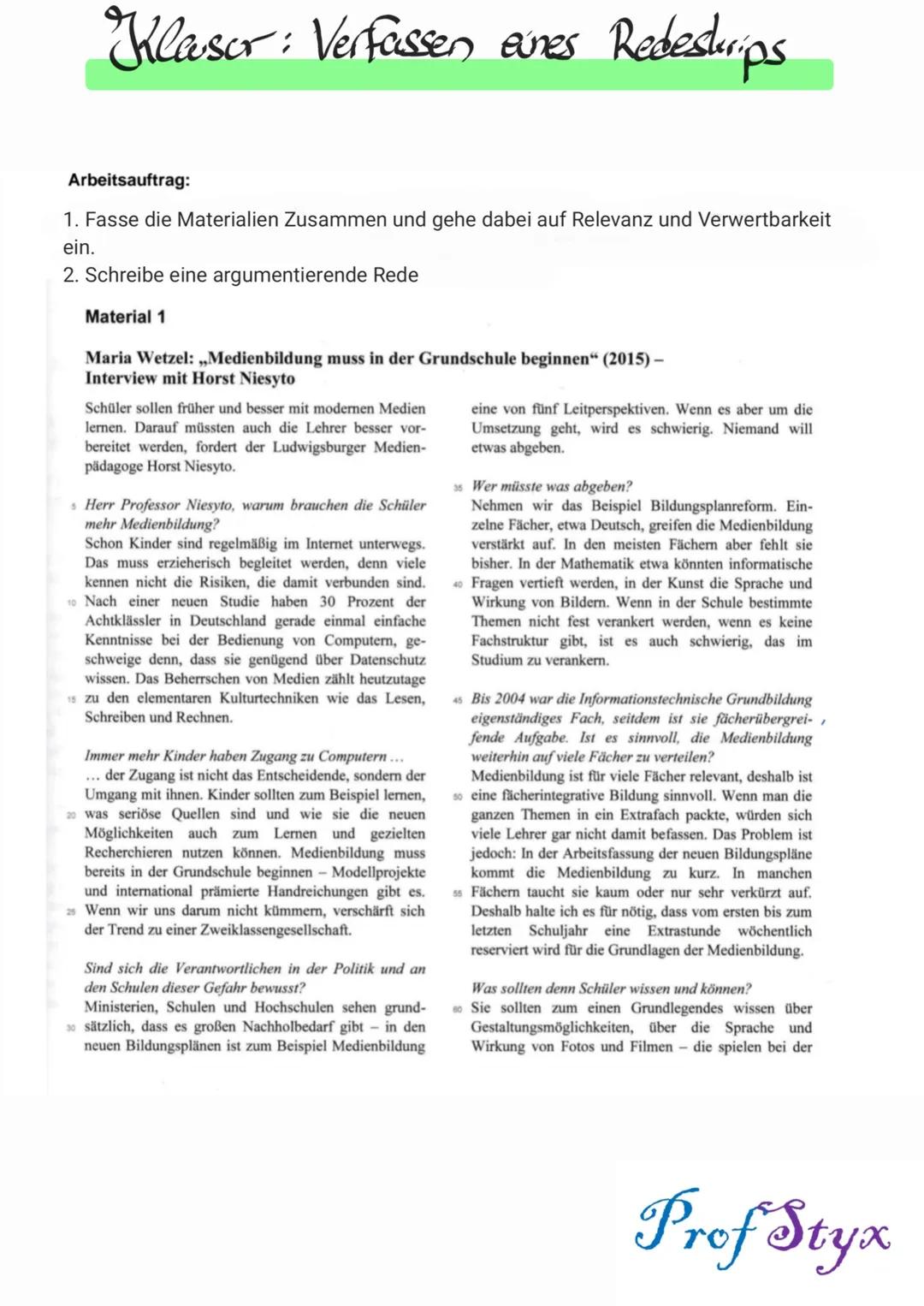 # Klaser: Verfassen enes Redestrips
Arbeitsauftrag:
1. Fasse die Materialien Zusammen und gehe dabei auf Relevanz und Verwertbarkeit
ein.