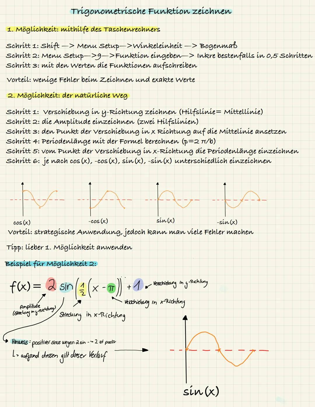 # Trigonometrische Funktion zeichnen
1. Möglichkeit: mithilfe des Taschenrechners
Schritt 1: Shift -> Menu Setup->winkeleinheit -> Bogenm