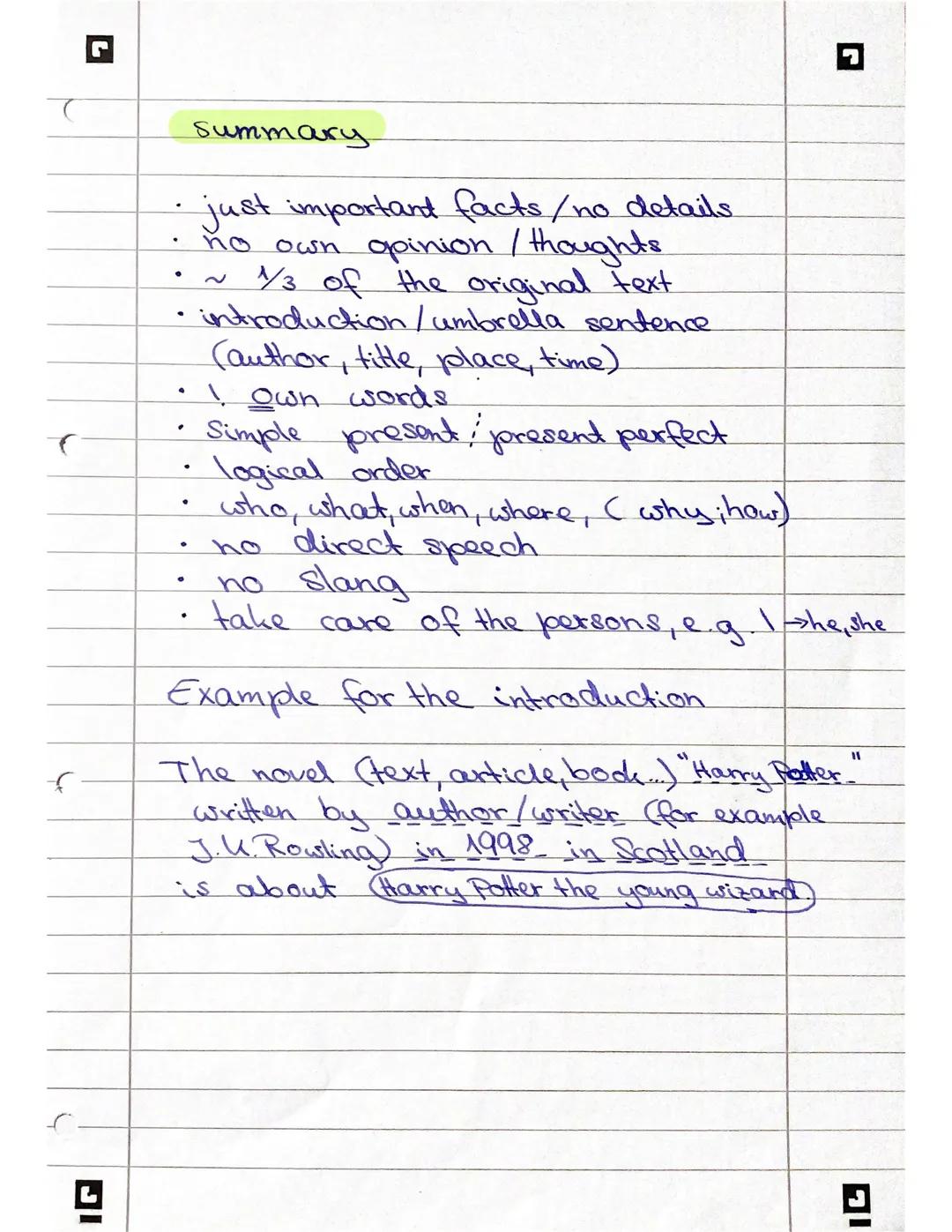 Summary
•
• umbrella sentence (introduction).
1/3 of the original text
• just main important facts
who, when, where, what, (why)
Simple pres