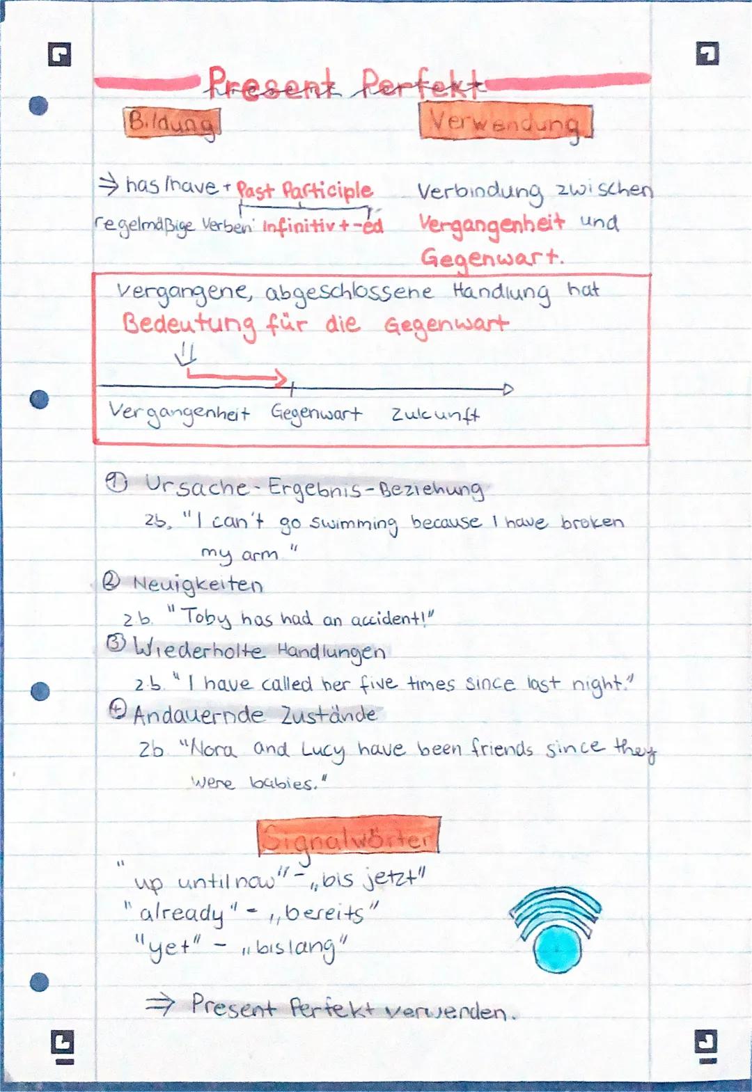 •Present Perfekt
Bildung
⇒ has /have + past participle
regelmäßige Verben infinitiv +-ed
vergangene, abgeschlossene Handlung hat
Bedeutung f