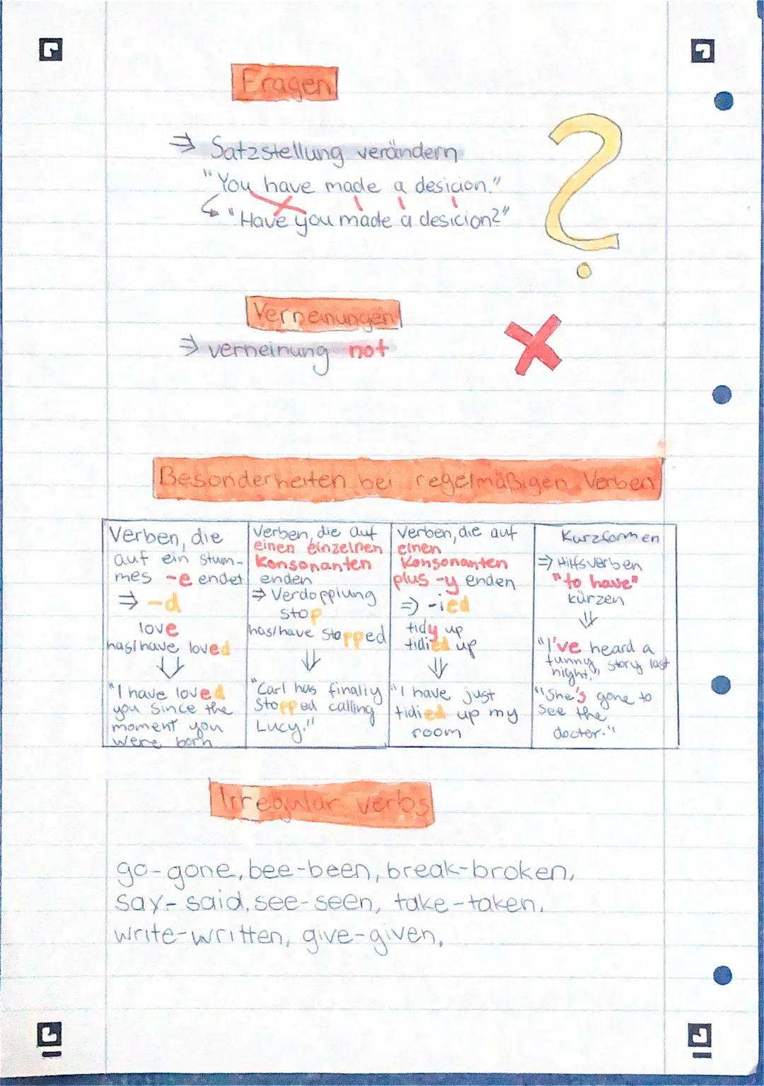 •Present Perfekt
Bildung
⇒ has /have + past participle
regelmäßige Verben infinitiv +-ed
vergangene, abgeschlossene Handlung hat
Bedeutung f