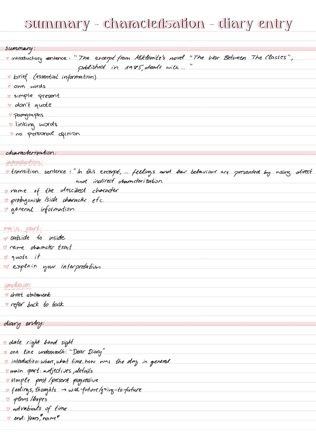 # stummary - chamcterisation - diary entry
summary:
- introductory sentence. "The excerpt from Miklowitz's novel "The War Between The Class