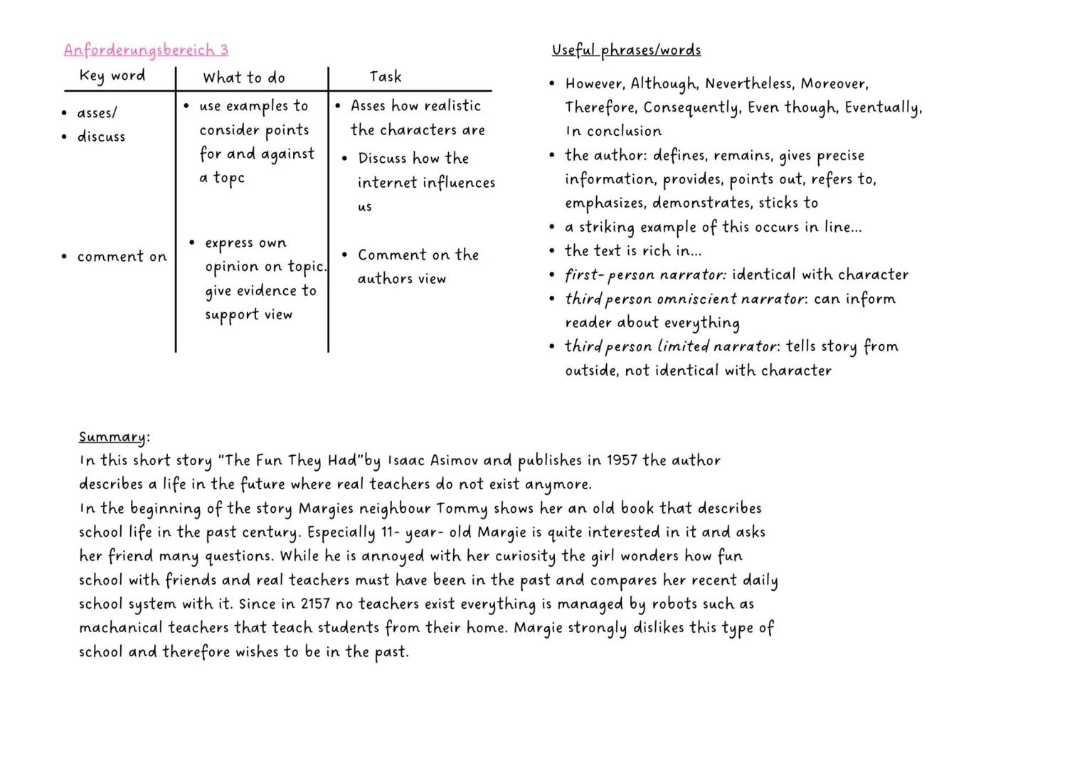 # Englisch Klausur 11/1
Anforderungsbereich 1
| Key word | What to do | Task |
| ----------- | ----------- | ----------- |
| • describe | •