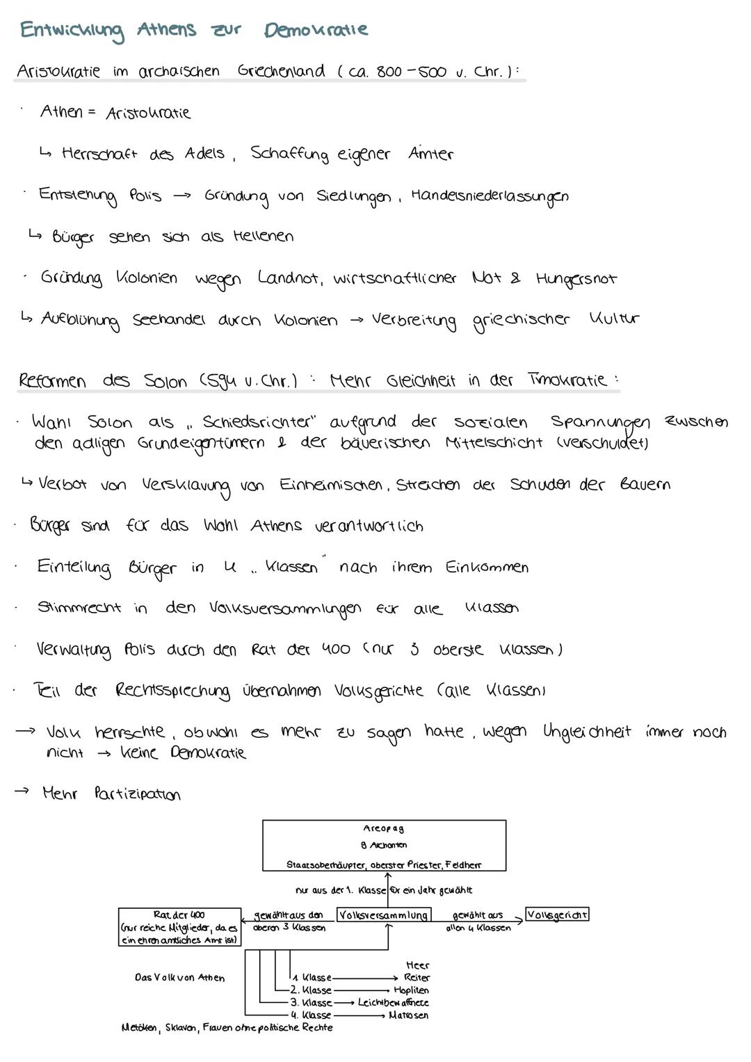 Entwicklung Athens zur Demokratie
Aristokratie im archaischen Griechenland (ca. 800-500 v. Chr.):
Athen Aristokratie
↳ Herrschaft des Adels,