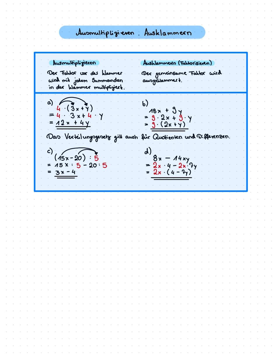 Ausmultiplizieren. Ausklammern
Ausmultiplizieren
Der Faktor vor des klammer
wird mit jedem Summanden.
in der klammer multipliziert.
a)
4·(3x