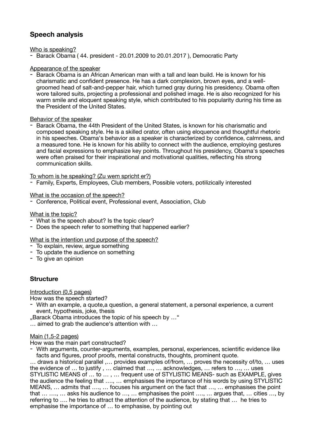 Lernzettel Barack Obama - Speech Analysis
