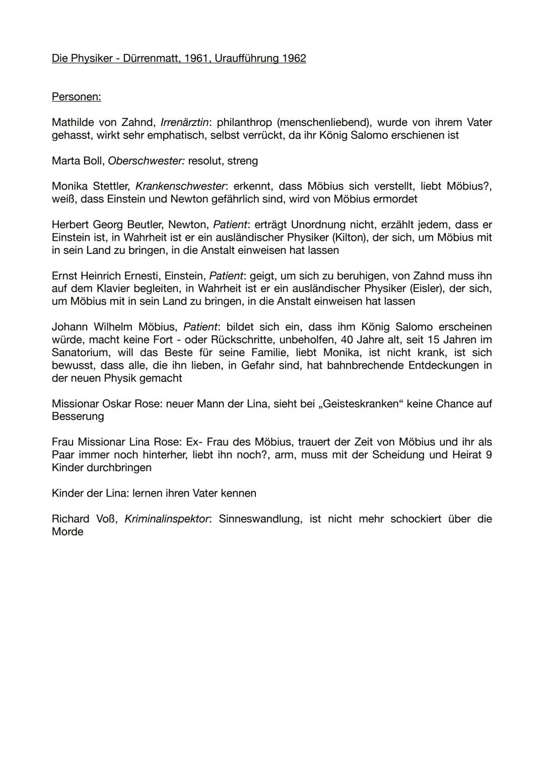Die Physiker - Dürrenmatt, 1961, Uraufführung 1962
Personen:
Mathilde von Zahnd, Irrenärztin: philanthrop (menschenliebend), wurde von ihr
