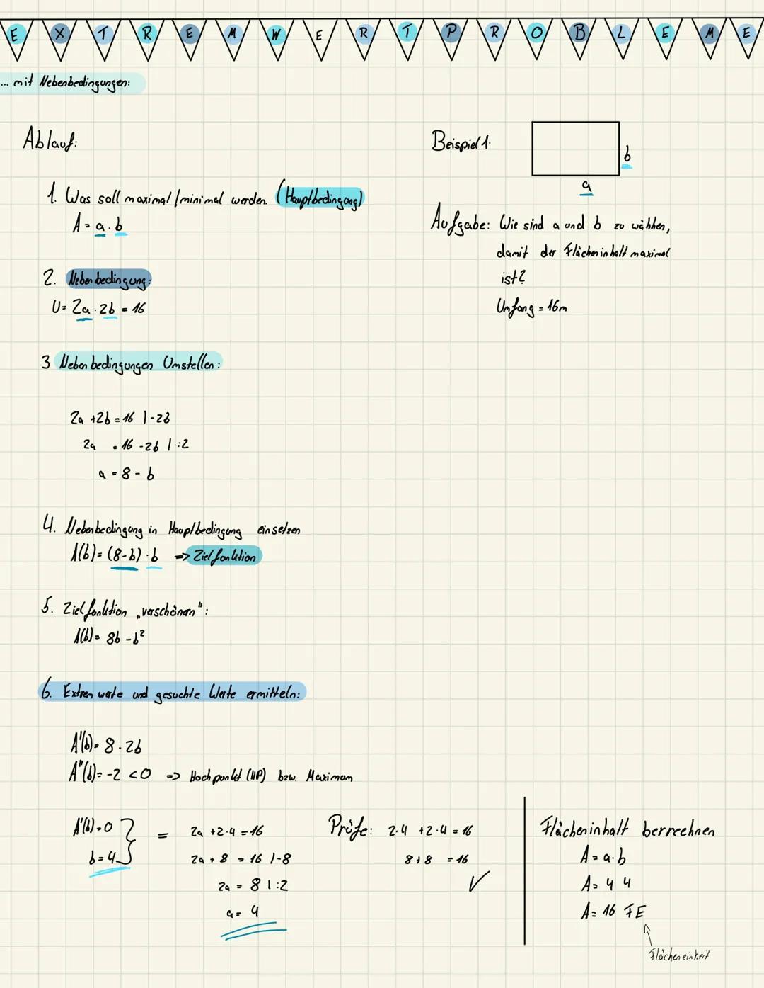 E
X
T
... mit Nebenbedingungen:
R
2. Neben bedingung:
U= 2a 2b = 16
Ablauf:
1. Was soll maximal / minimal werden. (Hauptbedingung)
A.a.b.
3