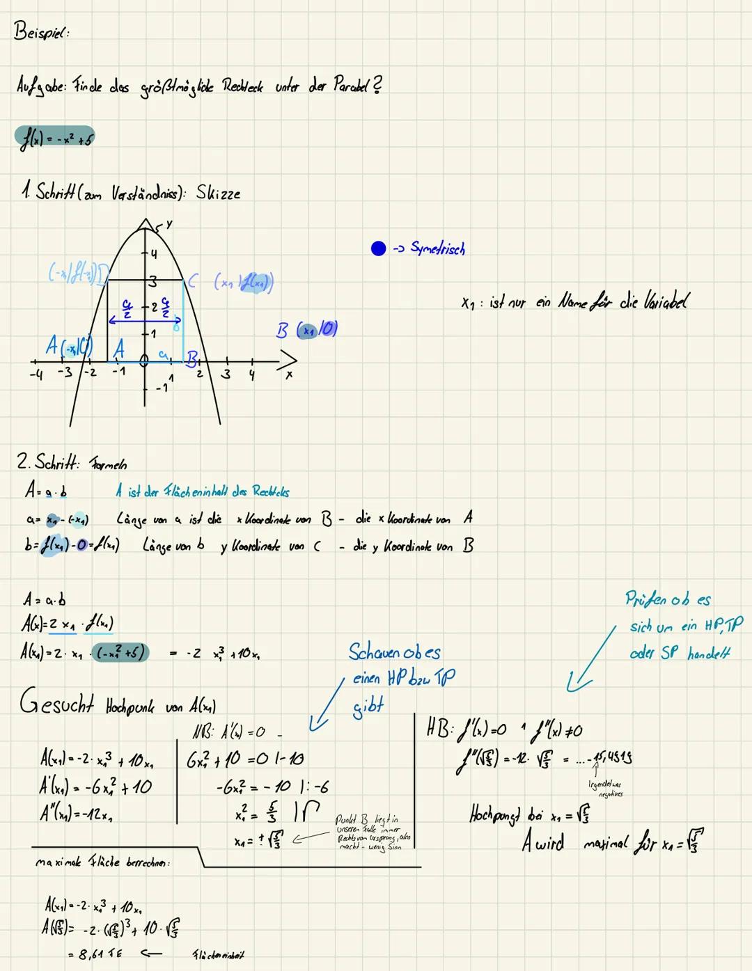 E
X
T
... mit Nebenbedingungen:
R
2. Neben bedingung:
U= 2a 2b = 16
Ablauf:
1. Was soll maximal / minimal werden. (Hauptbedingung)
A.a.b.
3