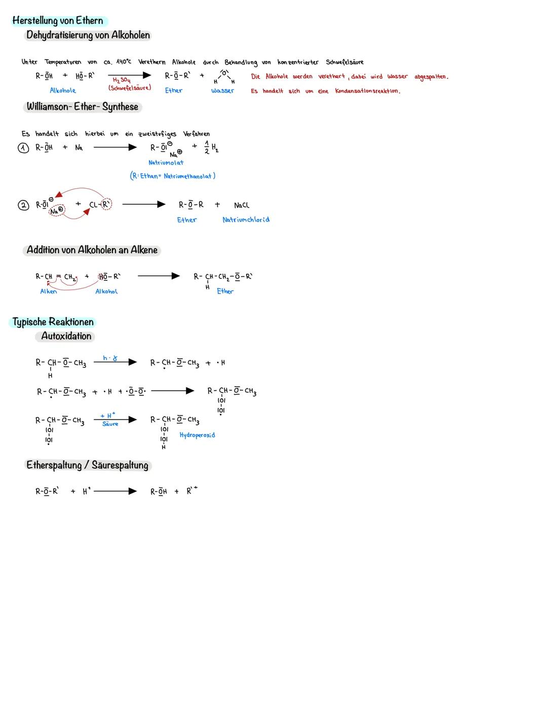 # Ether
Allgemeiner Aufbau
Bei einem Ether ist ein Sauerstoff-Atom in die kette eingebaut
R-O-R
► Beispiel CH3-CH2-CH2-CH3 (Diethylether)