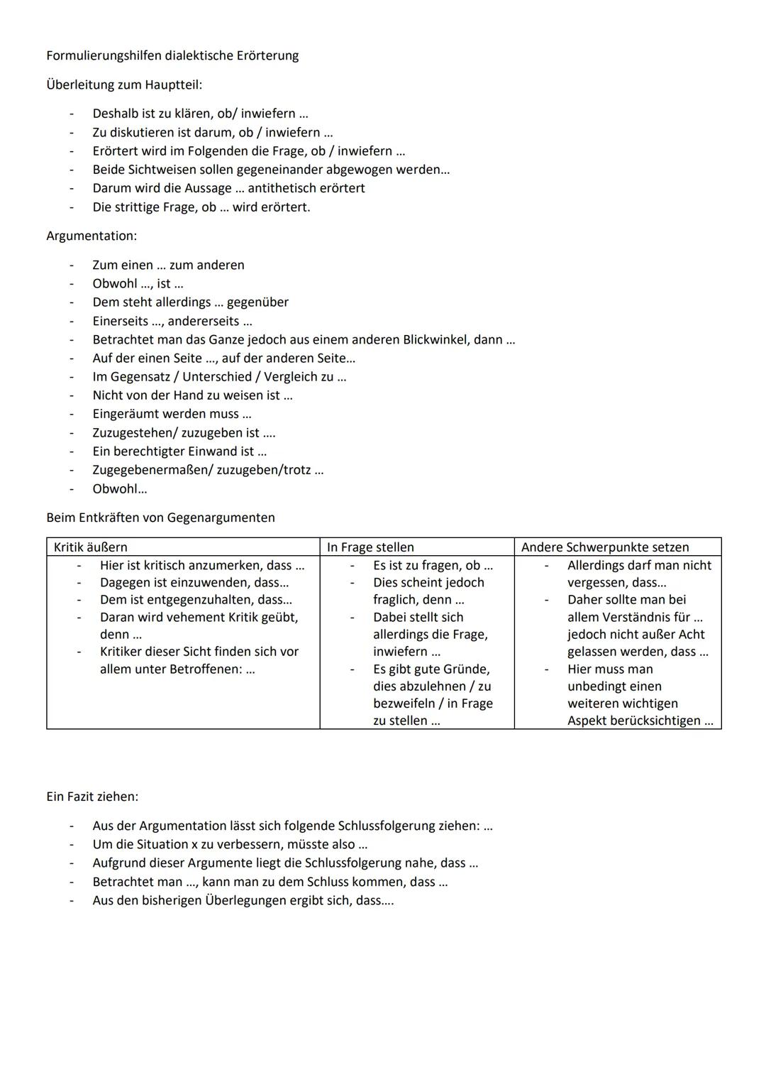 Formulierungshilfen dialektische Erörterung
Überleitung zum Hauptteil:
- Deshalb ist zu klären, ob/ inwiefern ...
- Zu diskutieren ist daru