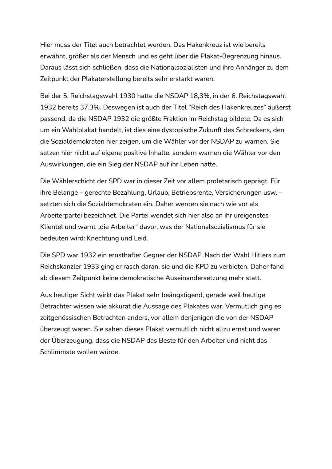 Wahlplakat Analyse "Der Arbeiter im Reich des Hakenkreuz"
DER ARBEITER
IM REICH DES HAKEN KREUZES!
DARUM
WÄHLT
Beim vorliegenden Material ha