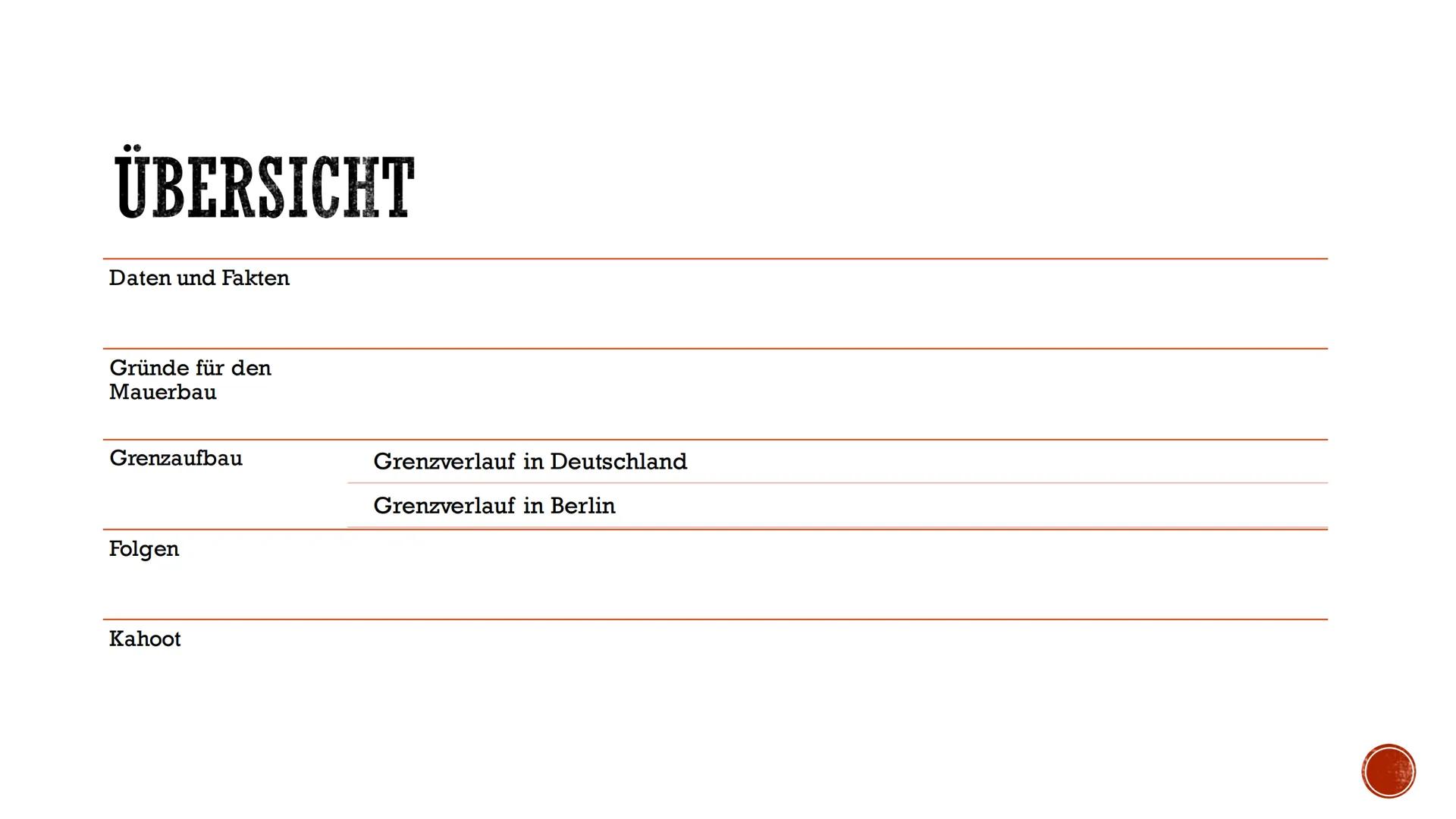 ======
====
EEEE
BERLINER MAUER ÜBERSICHT
Daten und Fakten
Gründe für den
Mauerbau
Grenzaufbau
Folgen
Kahoot
Grenzverlauf in Deutschland
Gre