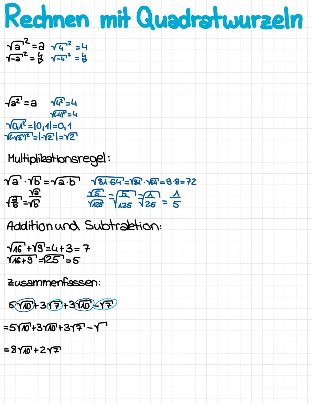 Rechnen mit Quadratwurzeln
12
= 2√4¹²²=4
7²=} √-4²=4
√√2²= a√√4²=4
√(-4²=4
VO²=10,11=0,1
√√2)² =1-√2¹1=√2¹
Multiplikationsregel:
√a·√b² =√a·