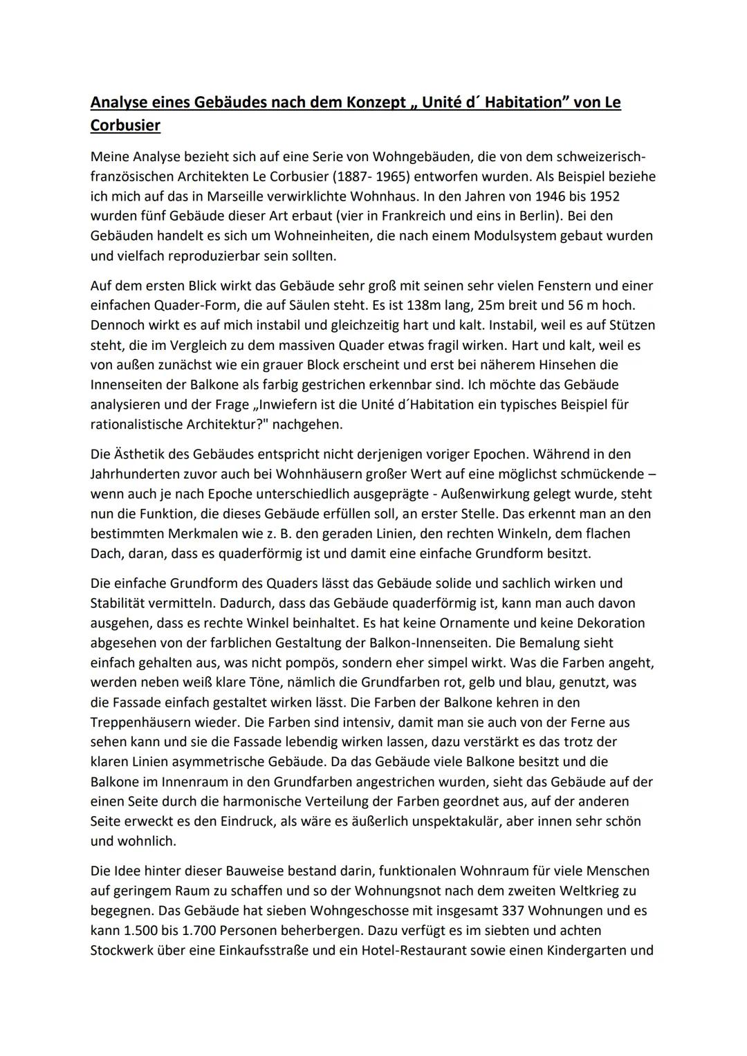 Analyse eines Gebäudes nach dem Konzept „, Unité d' Habitation" von Le
Corbusier
Meine Analyse bezieht sich auf eine Serie von Wohngebäuden,