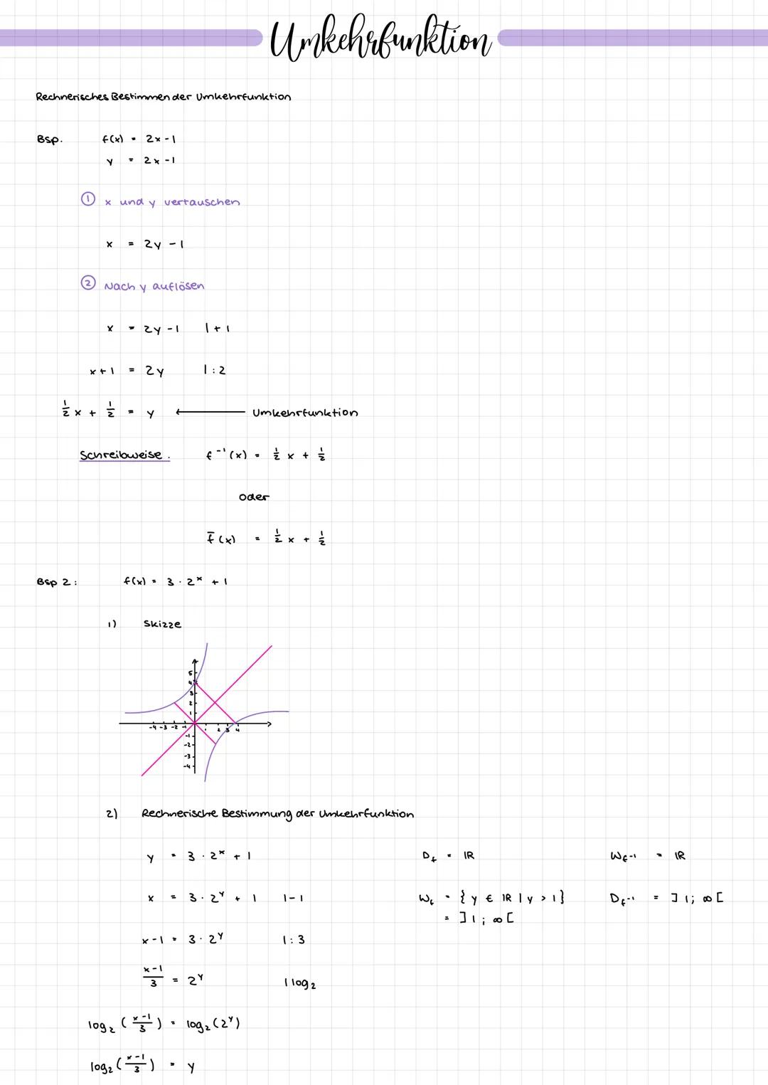 # Umkehrfunktion
Rechnerisches Bestimmen der Umkehrfunktion.
Bsp.
f(x)
2x-1
Y
2x-1
① x und y vertauschen
X
2y-1
② Nach y auflösen.