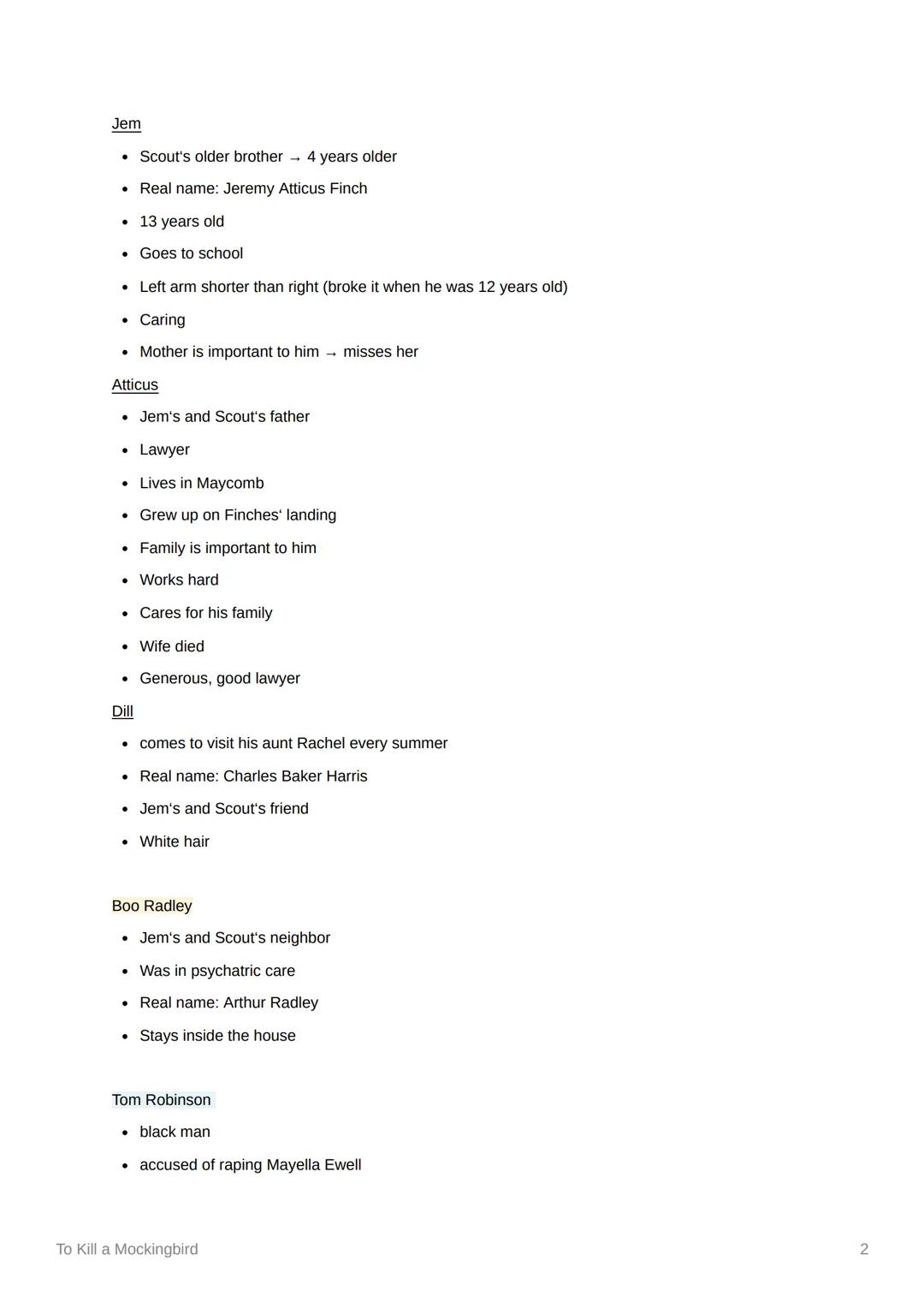 To Kill a Mockingbird
Characters
Scout/her family/friends
Scout
• protagonist
.
.
Real name: Jean Louise
About 8/9 years old
Goes to school
