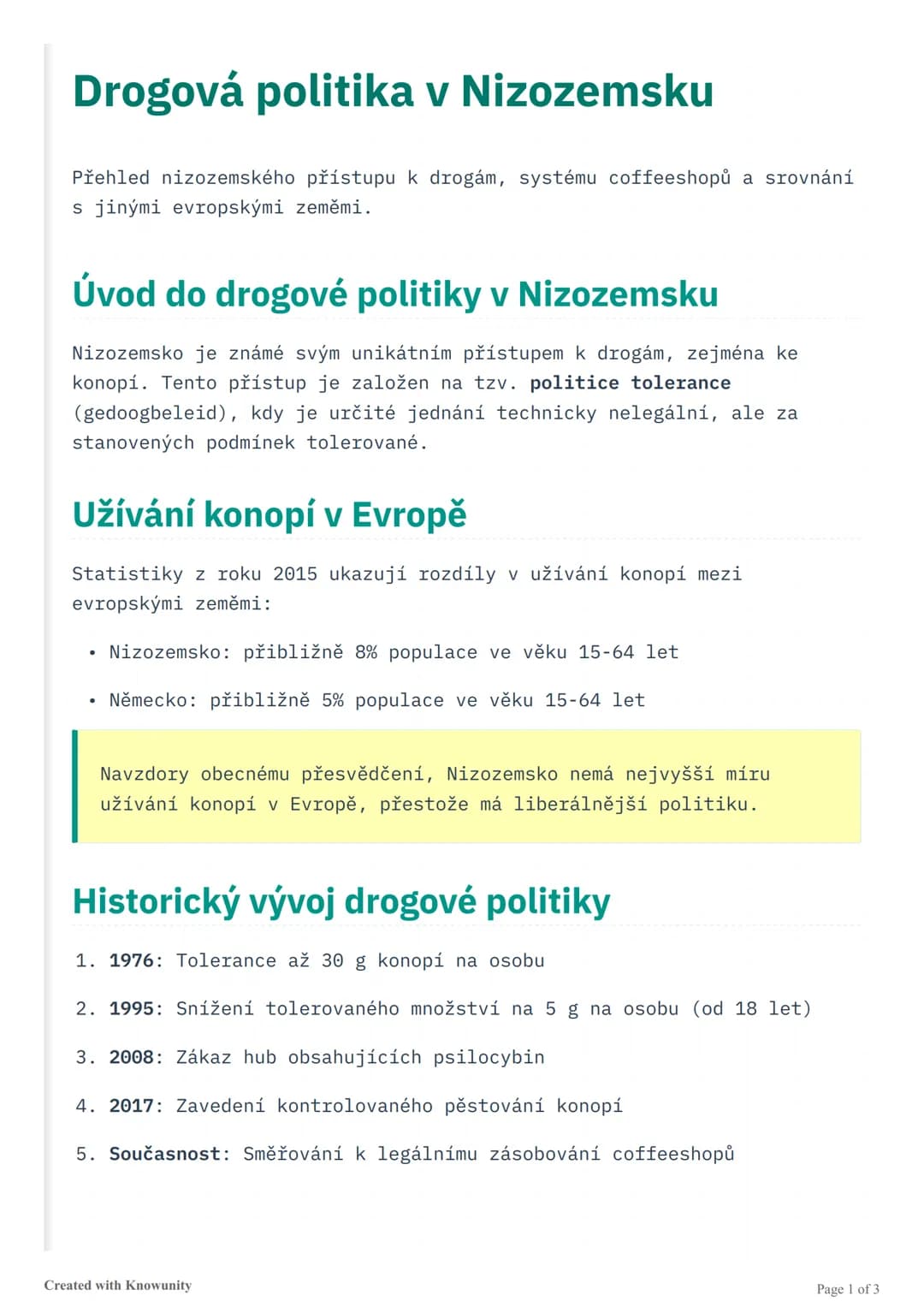 # Drogová politika v Nizozemsku
Přehled nizozemského přístupu k drogám, systému coffeeshopů a srovnání
s jinými evropskými zeměmi.
## Úvod
