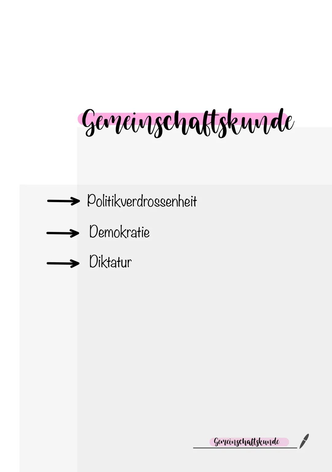 # Gemeinschaftskunde
* Politikverdrossenheit
* Demokratie
* Diktatur
Gemeinschaftskunde # Politikverdrossenhat
- Negative Einstellu