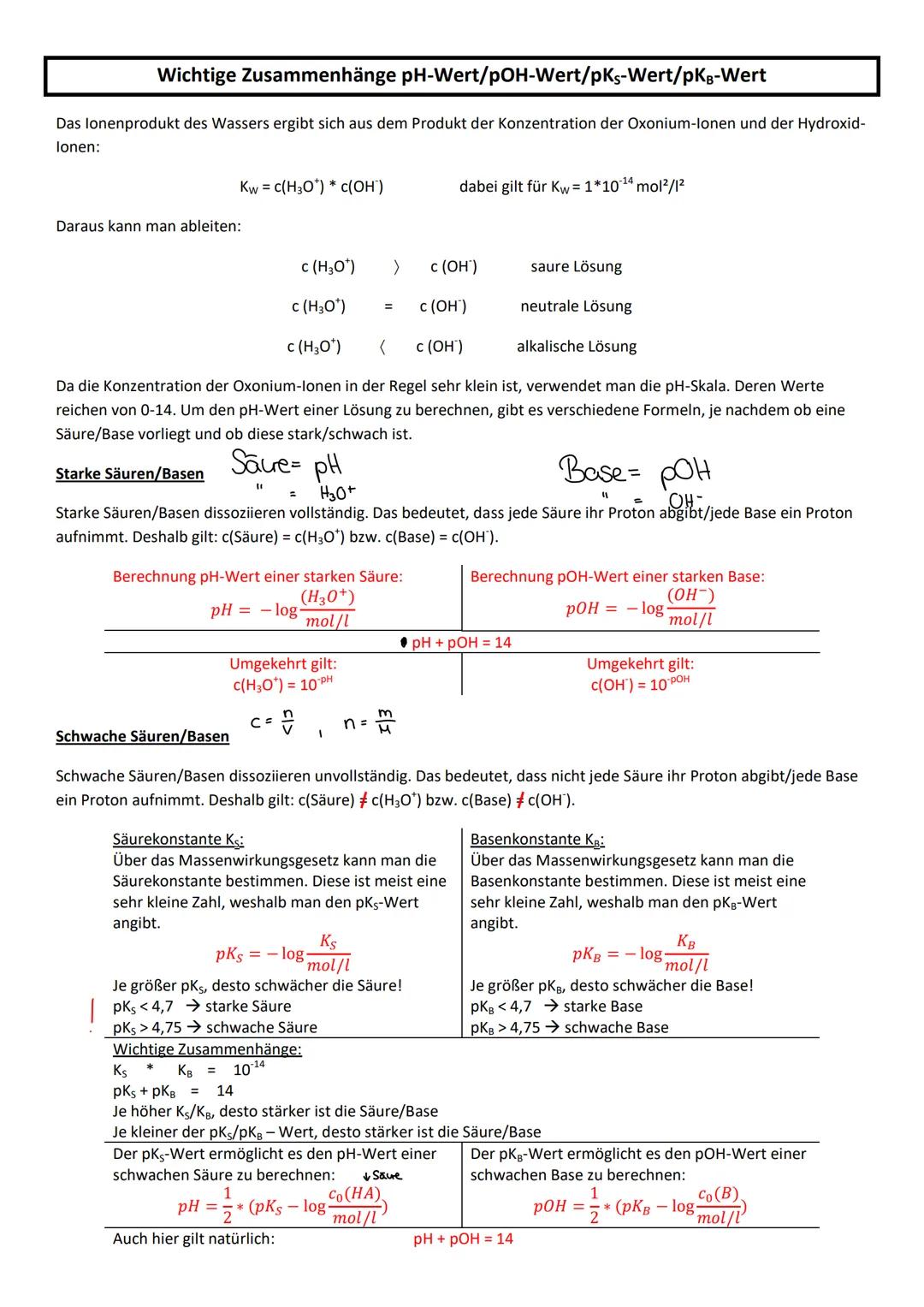 wichtige Formeln pH-Wert/pOH–Wert/pKs–Wert/pKb–Wert