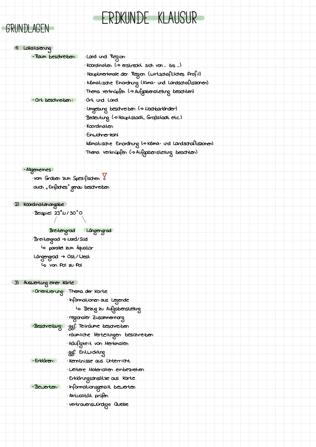 # ERDKUNDE KLAUSUR
GRUNDLAGEN
1) Lokalisierung
-Raum beschreibon:
-Ort beschreiben:
-Allgemeines:
Land und Region
Koordinaten ( erstr
