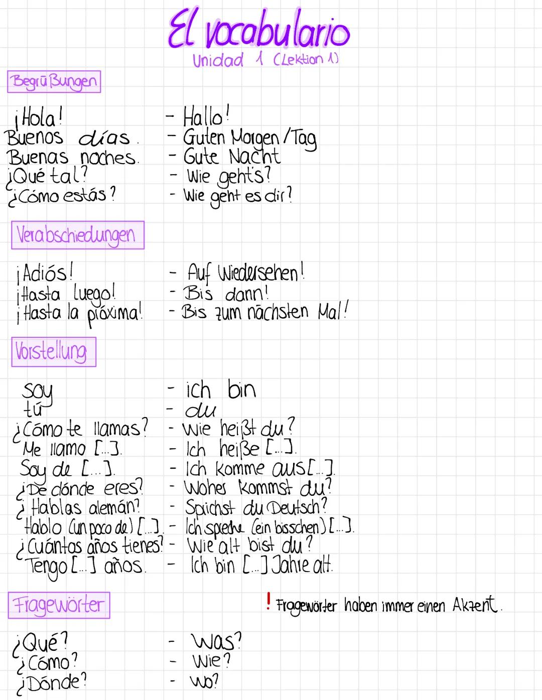 Begrüßungen
¡Hola!
Buenos días.
Buenas noches.
¿Qué tal?
¿Cómo estás?
Verabschiedungen
¡Adiós!
Hasta Luego!
¡Hasta la próxima!
Vorstellung
s