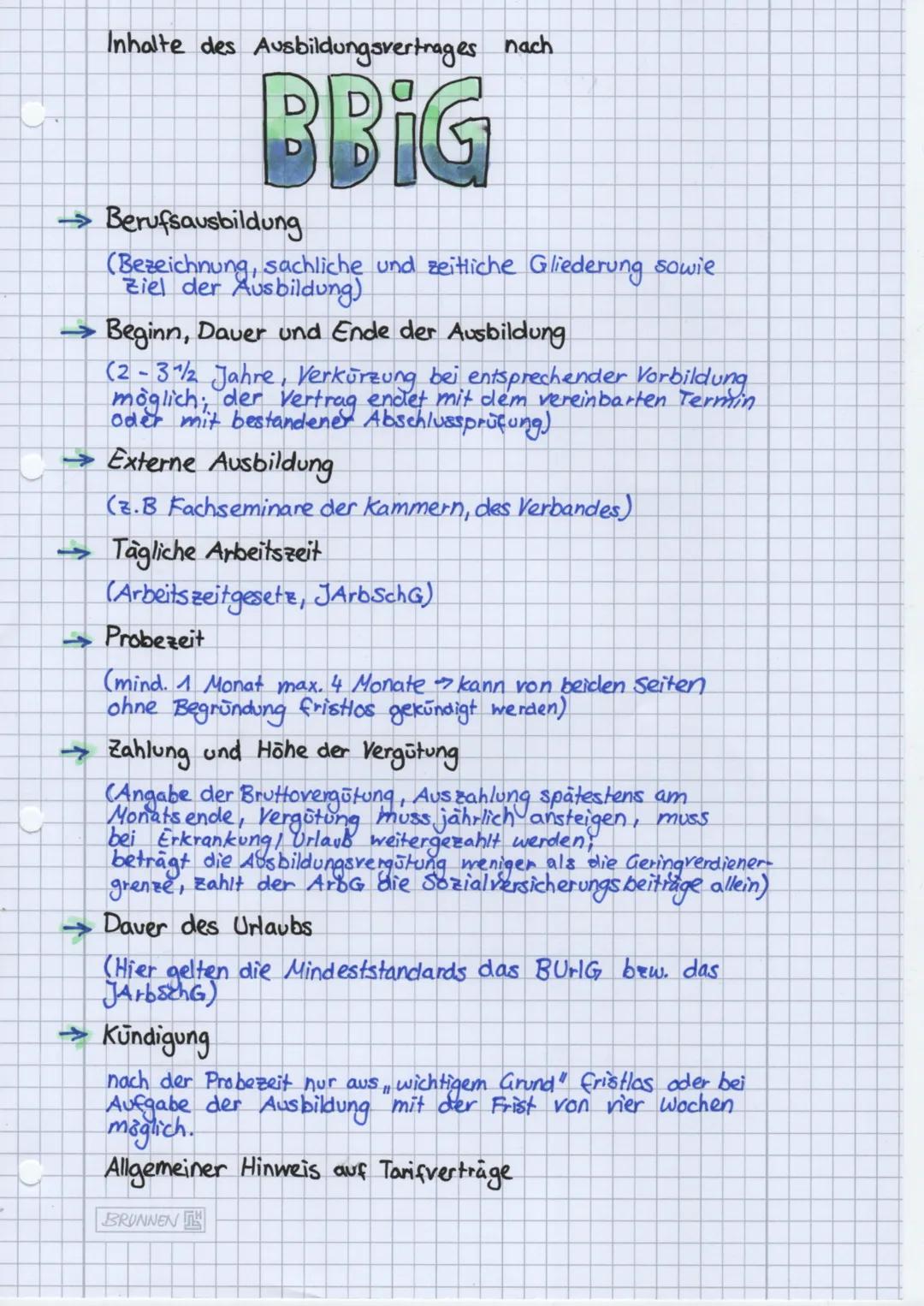 Berufsausbildungsvertrag
Form: Schriftform
Mindestbestandteile
1. Art der Ausbildung
2. Beginn und Daver
3. Ausbildungsmaßnahmen
4. Daver de