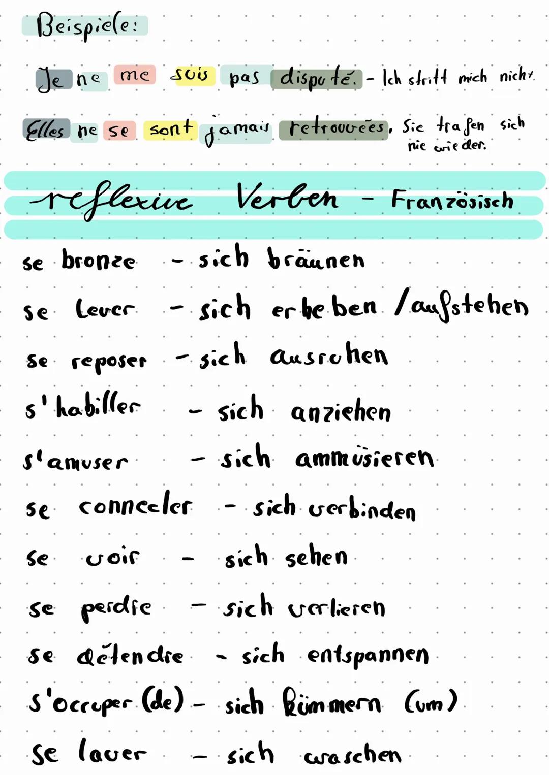 reflexive Verben - französisch
Singular
je
to fe
illelle lon-se
me
Plural
nous
-nous
VOUS
VOUS
ilstelles - se
ne me
-
Bildung:
Person / Pers