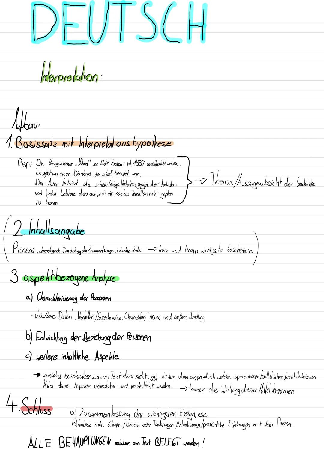 DEUTSCH
Herpretation
Afbew
1. Basissatz mit Interpretations hypothese
Bsp. Die Kurzgeschichte Mehmet" von Rafik Schami ist 1997 veröffentlic