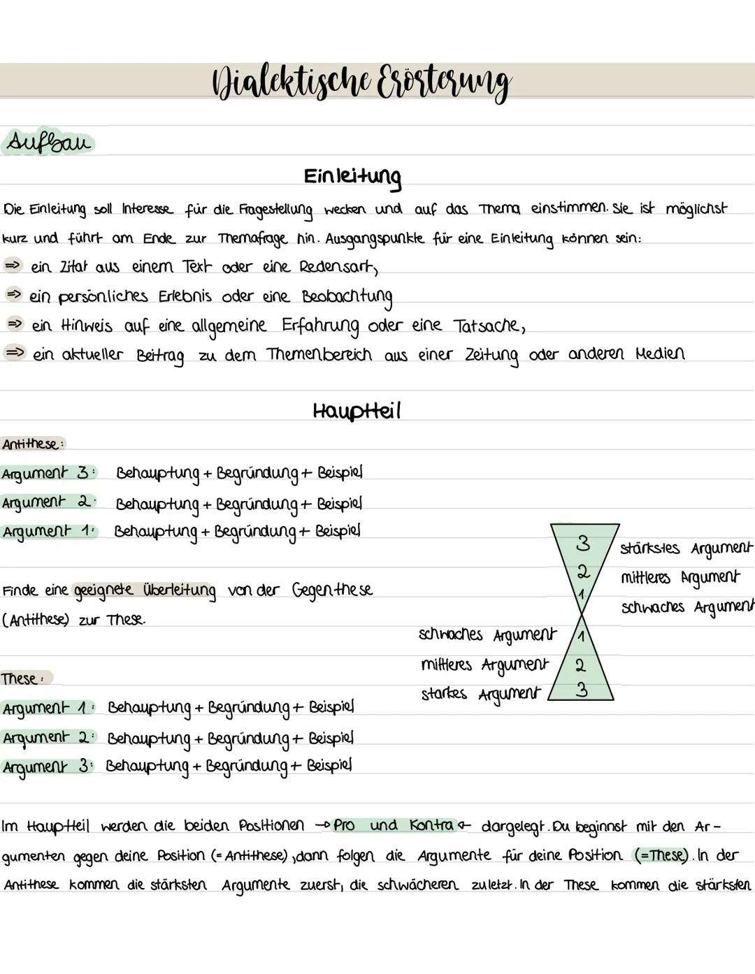 Aufbau
Dialektische Erörterung
Einleitung
Die Einleitung soll Interesse für die Fragestellung wecken und auf das Thema einstimmen. Sie ist m