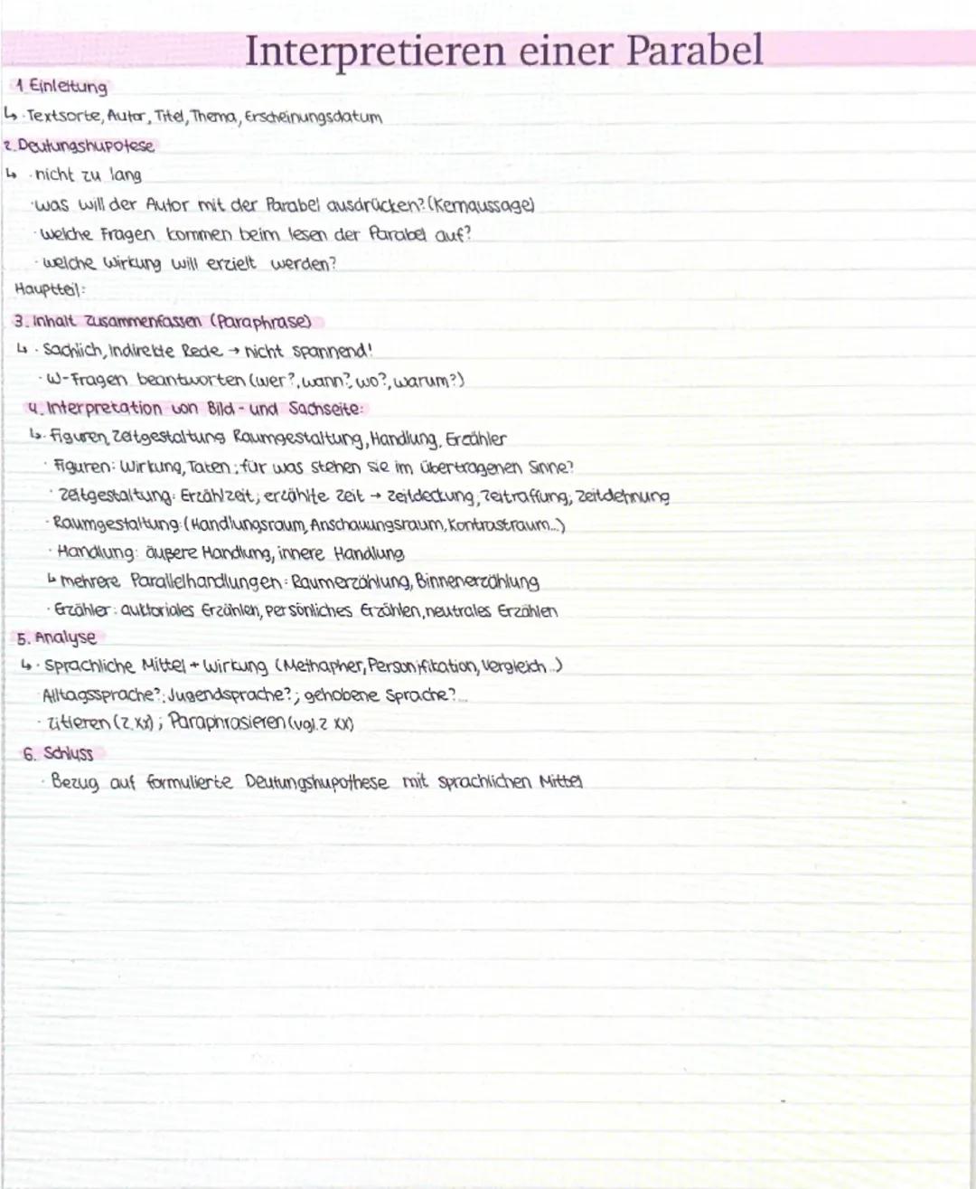 1 Einleitung
Interpretieren einer Parabel
↳ Textsorte, Autor, Titel, Thema, Erscheinungsdatum
2.Deutungshupotese
↳ nicht zu lang.
·was will