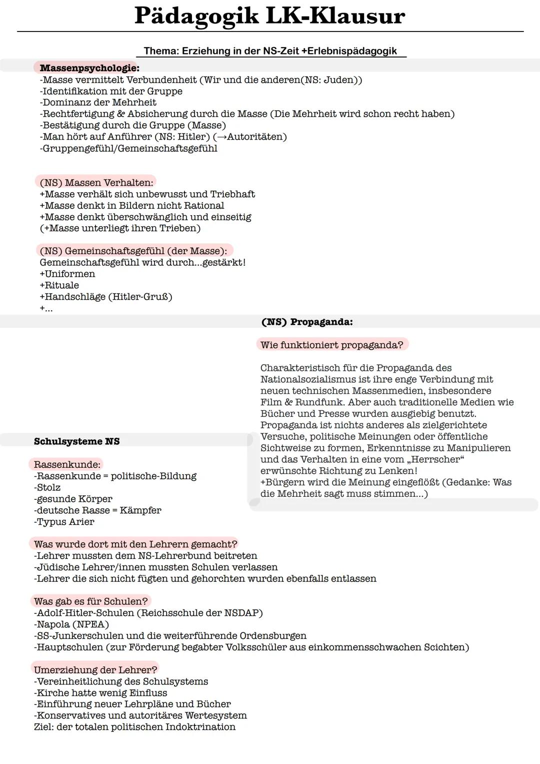 Pädagogik LK-Klausur
Thema: Erziehung in der NS-Zeit +Erlebnispädagogik
Massenpsychologie:
-Masse vermittelt Verbundenheit (Wir und die ande