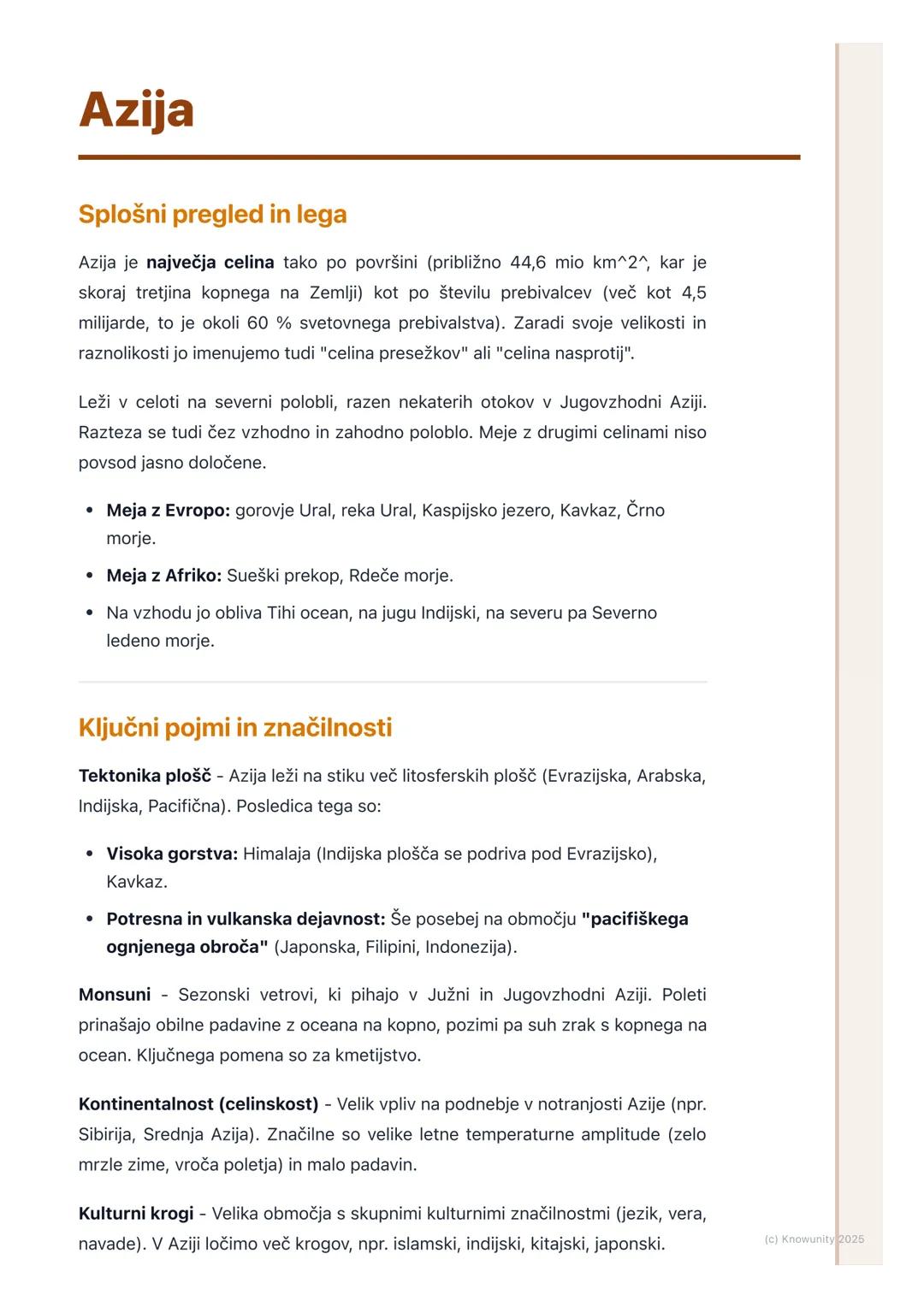 # Azija
Splošni pregled in lega
Azija je največja celina tako po površini (približno 44,6 mio km^2, kar je
skoraj tretjina kopnega na Zeml