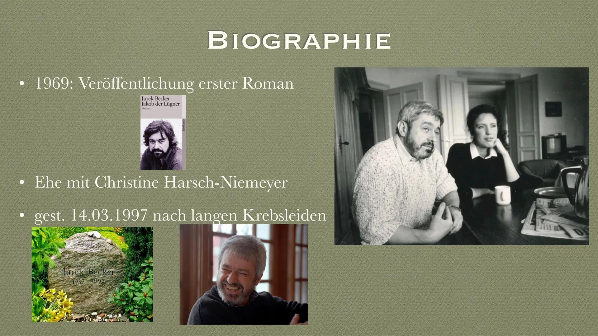 JAKOB DER LÜGNER
JUREK BECKER INHALTSVERZEICHNIS
1 Biographie
2 Epoche
3 Inhaltsangabe
4 Figurenkonstellation
5 Charakterisierung
6 Besonder