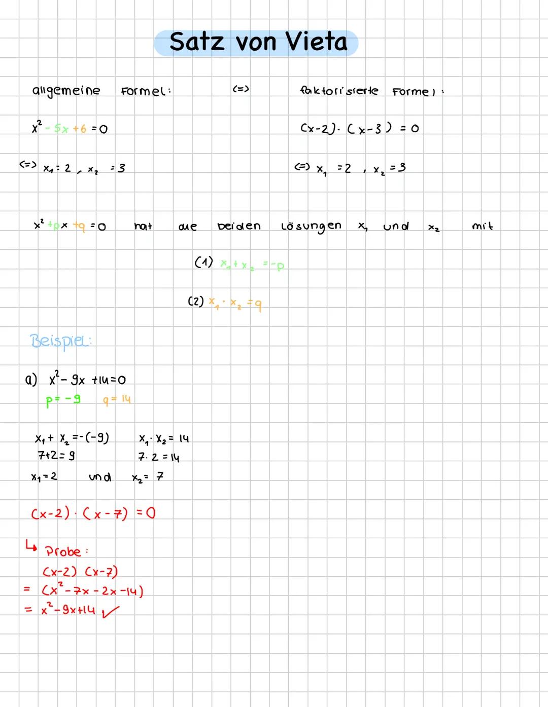 allgemeine
x 5x+6=0
<=>
"X
x₁ = 2x₂ =3
x+q=0
Beispiel:
a) x²-9x +1u=0
P= -9 9=14
X₁ + X₁₂ =-(-9)
7+2=9
x₁ = 2
4
und
Formel:
nat
=x²-9x+14
(x