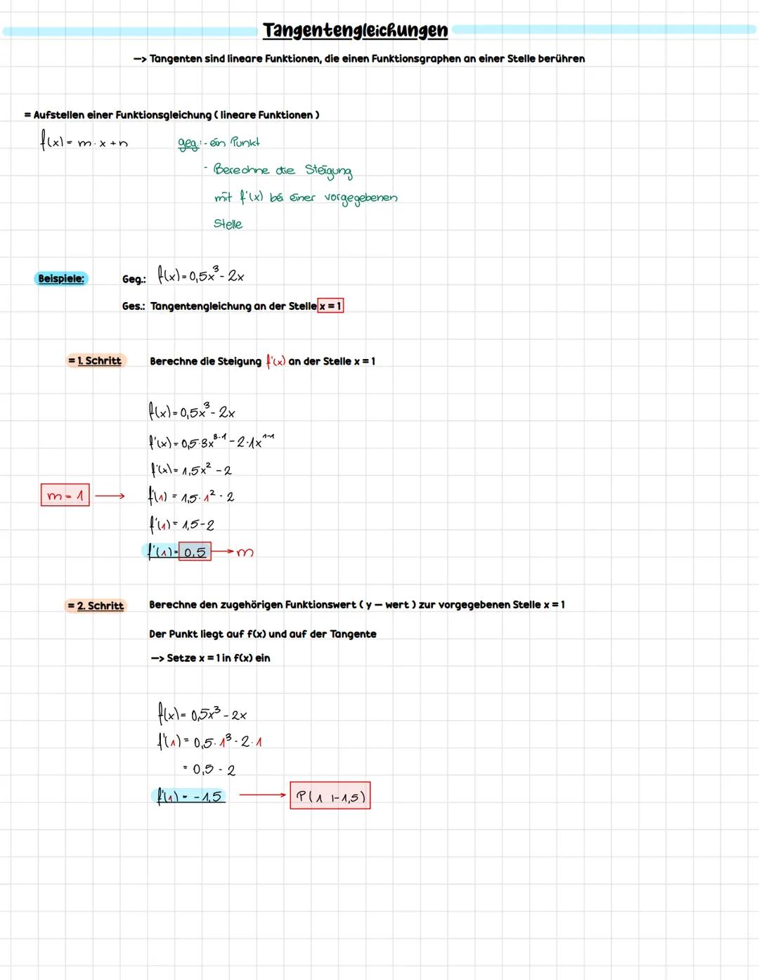 # Tangentengleichungen
-> Tangenten sind lineare Funktionen, die einen Funktionsgraphen an einer Stelle berühren
= Aufstellen einer Funkti