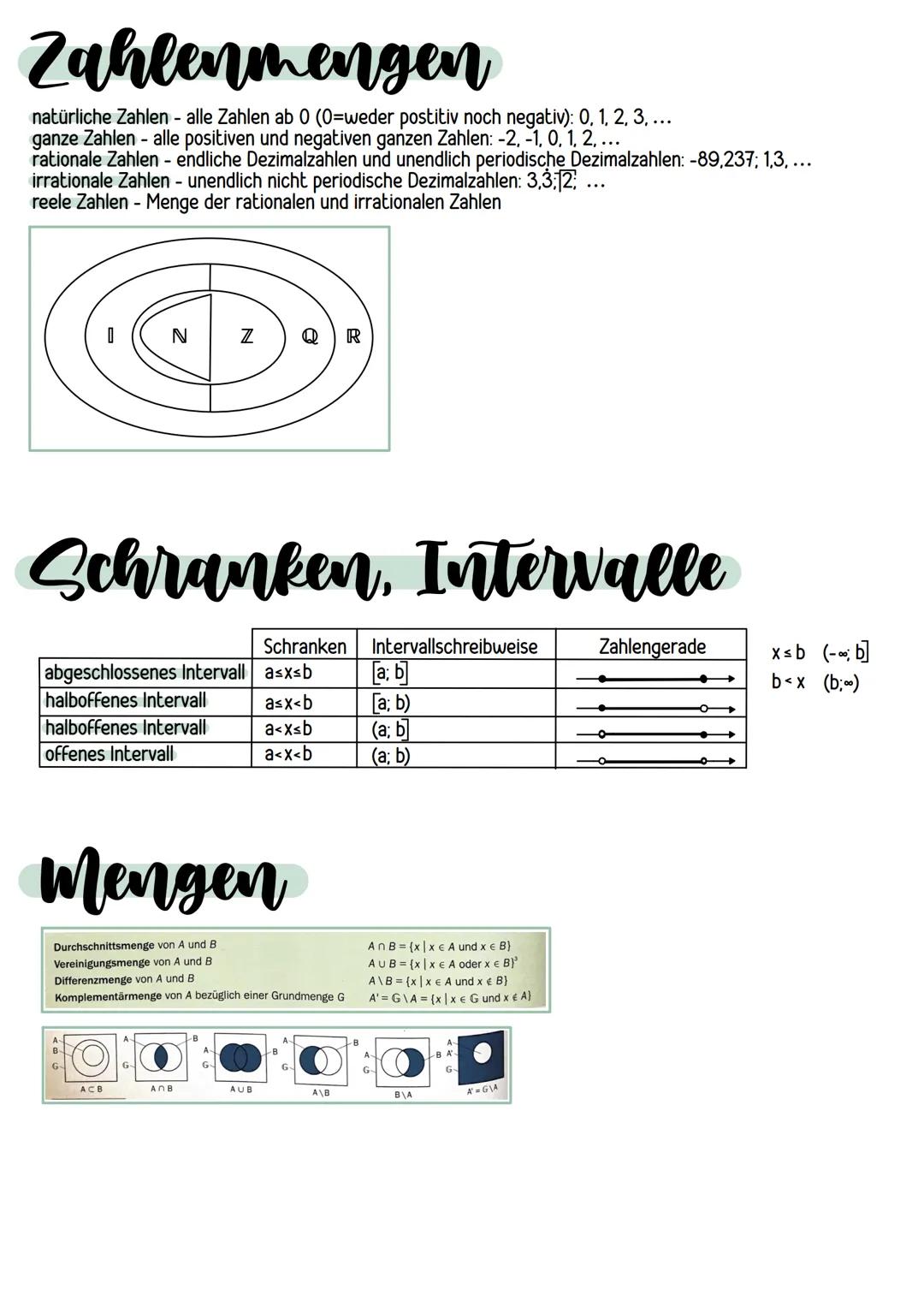 Zahlenmengen
natürliche Zahlen - alle Zahlen ab 0 (0=weder postitiv noch negativ): 0, 1, 2, 3, ...
ganze Zahlen - alle positiven und negativ