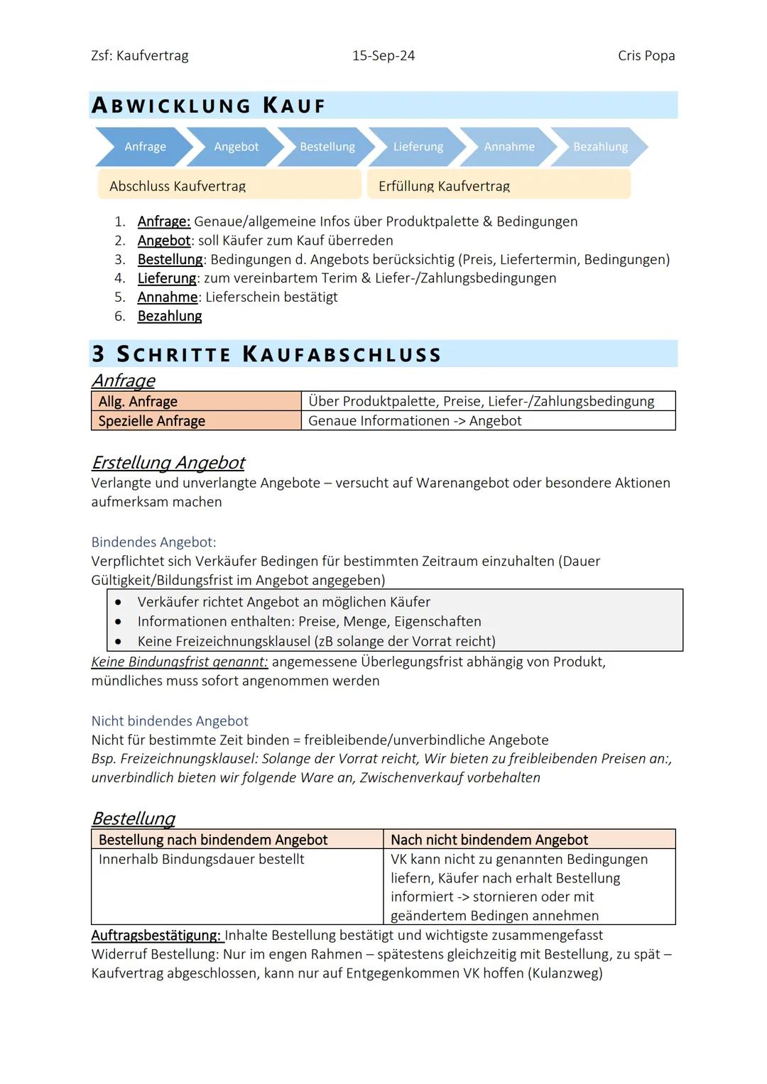Zsf: Kaufvertrag
15-Sep-24
Kein Rücktrittsrecht
Bestandteile
• Verkäufer
• Käufer
• Vertragsgegenstand/Produkt
• Menge
• Preis
Kaufvertrag
r