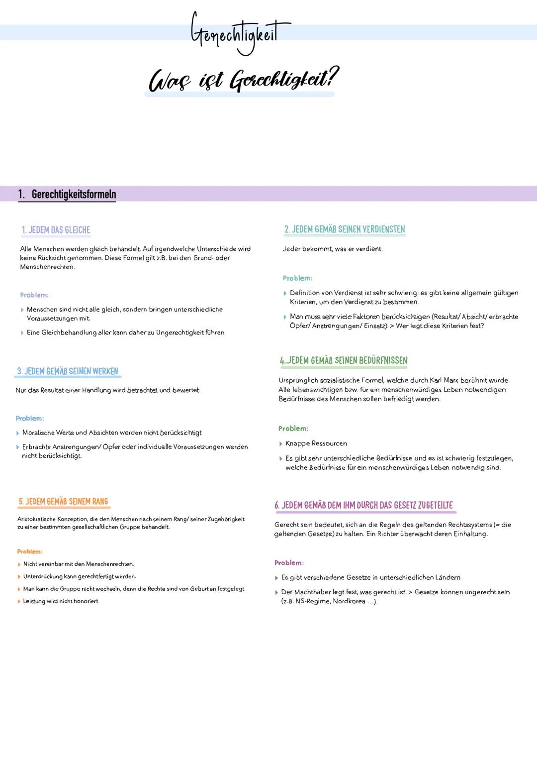 1. Gerechtigkeitsformeln
Genochtigkeit
Was ist Gerechtigkeit?
1. JEDEM DAS GLEICHE
Alle Menschen werden gleich behandelt. Auf irgendwelche U