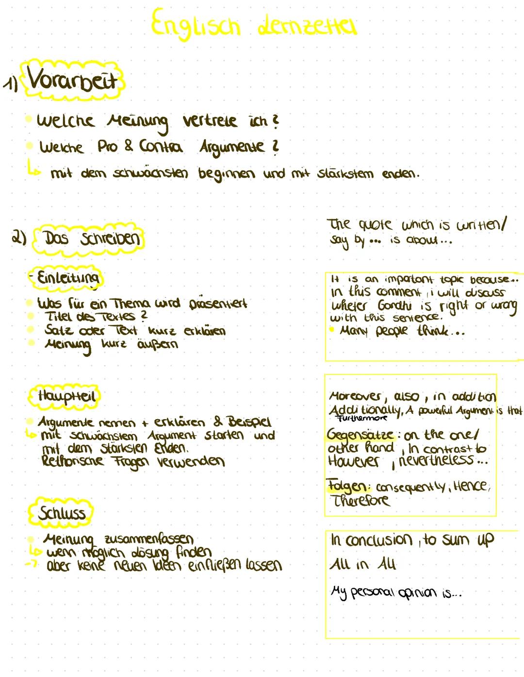 1) Vorarbeit
Englisch derzetter
welche Meinung vertrete ich ?
Welche Pro & Contra Argumente ?
mit dem schwachsten beginnen und mit stärkstem