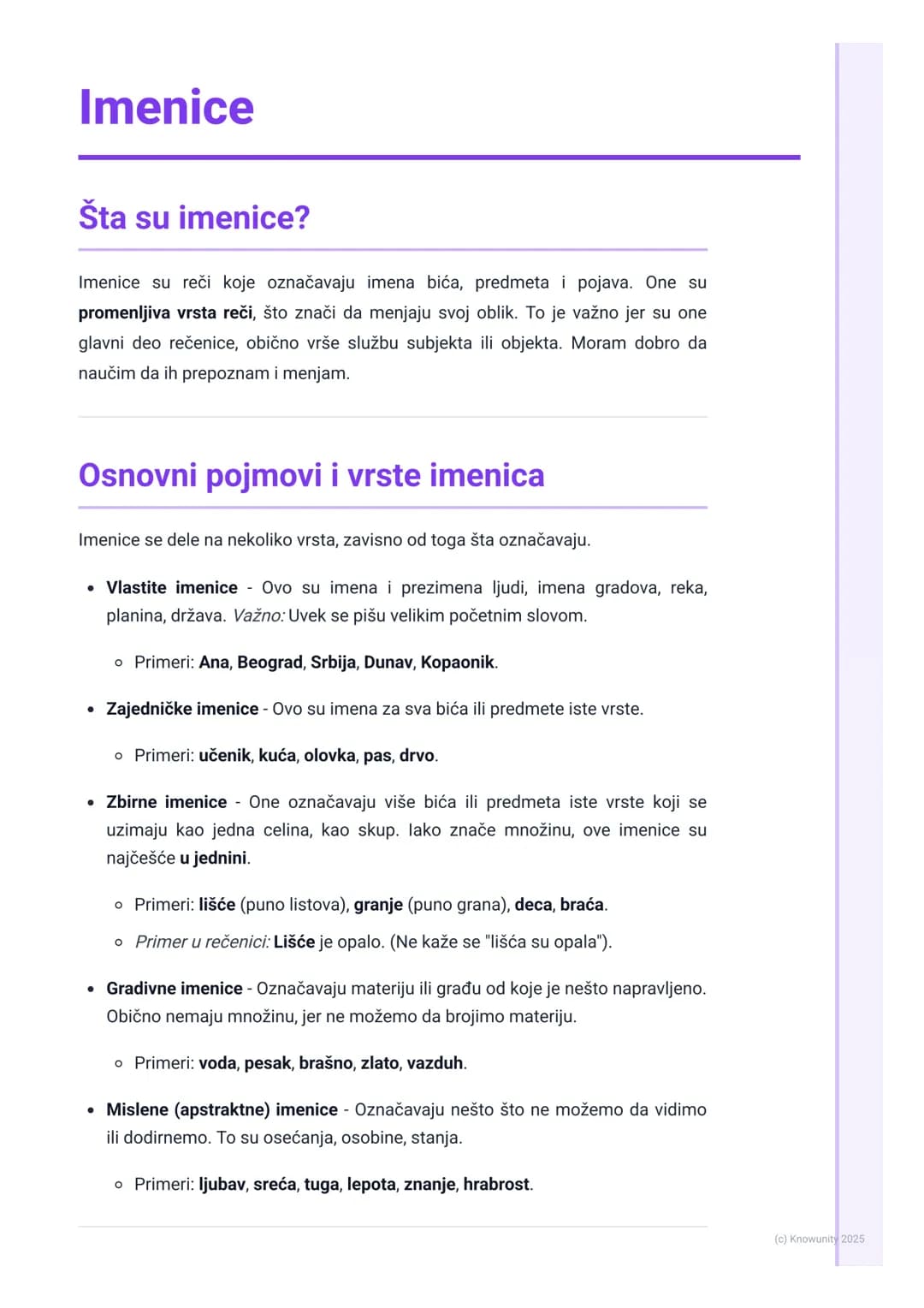 # Imenice
Šta su imenice?
Imenice su reči koje označavaju imena bića, predmeta i pojava. One su
promenljiva vrsta reči, što znači da menja