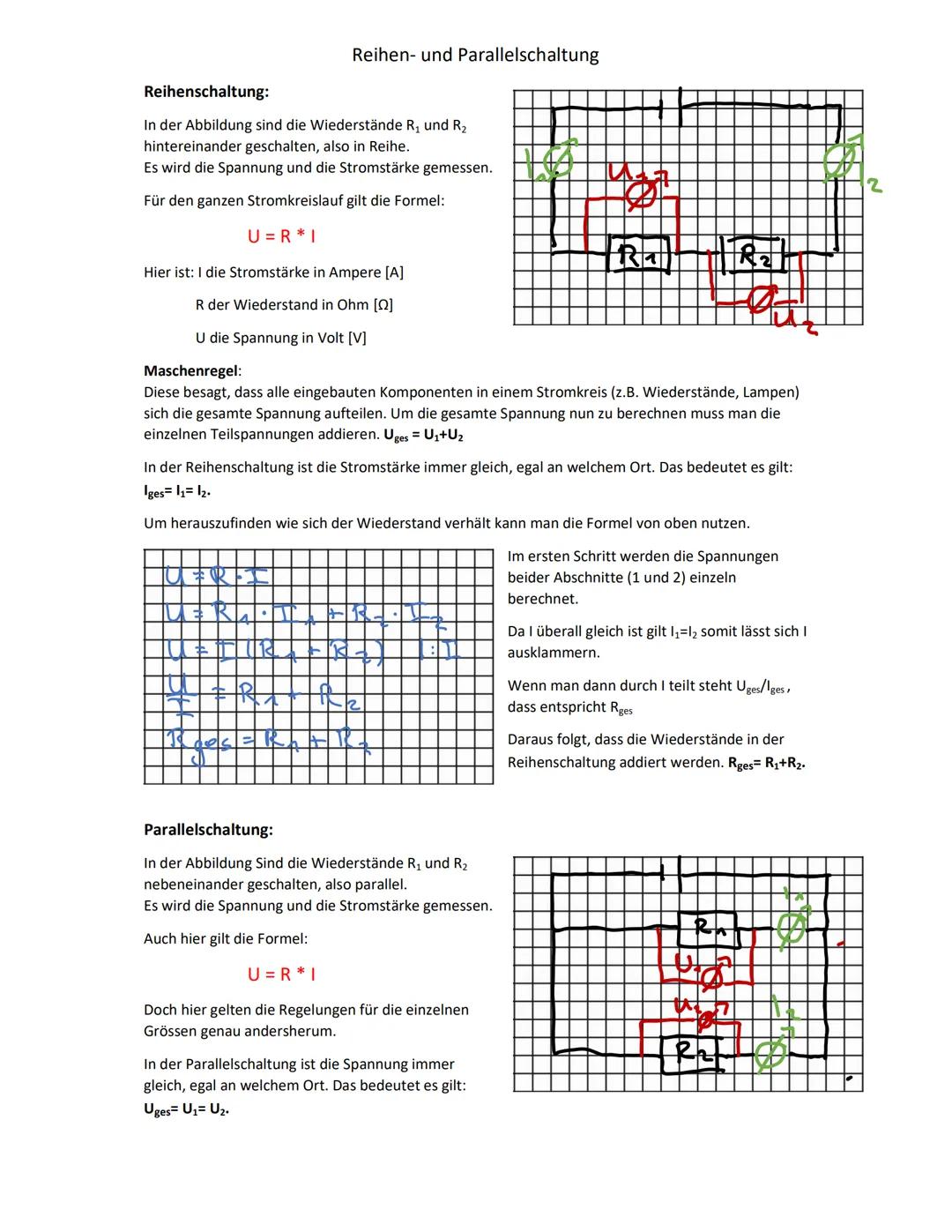 Reihen- und Parallelschaltung
Reihenschaltung:
In der Abbildung sind die Wiederstände R₁ und R₂
hintereinander geschalten, also in Reihe.
Es